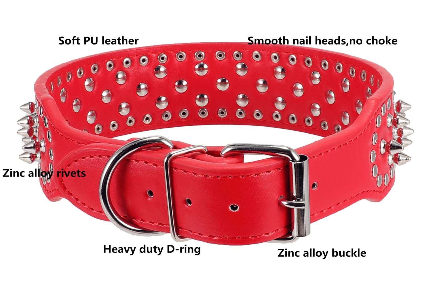 Btdcfy Hoot Pu Leather Adjustable Spiked Studded Dog Collar 2'' Wide 37 Spikes (M(Neck 19''-22''), Red)