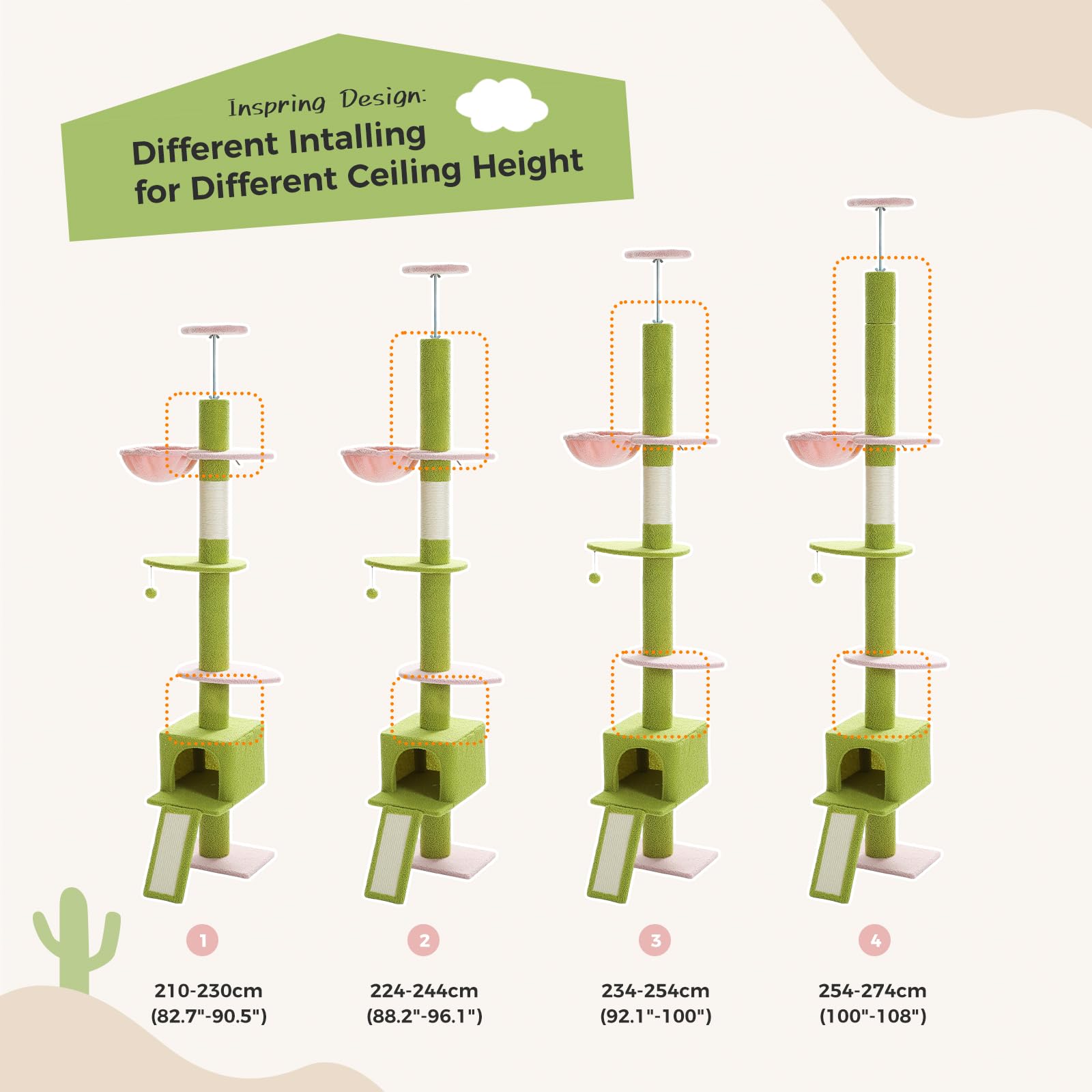 Pequlti Cat Tree Floor To Ceiling, Green Cat Tower, Adjustable Height (83''-108'') 5 Tiers Tall Climbing Tree For Indoor Cats Wi