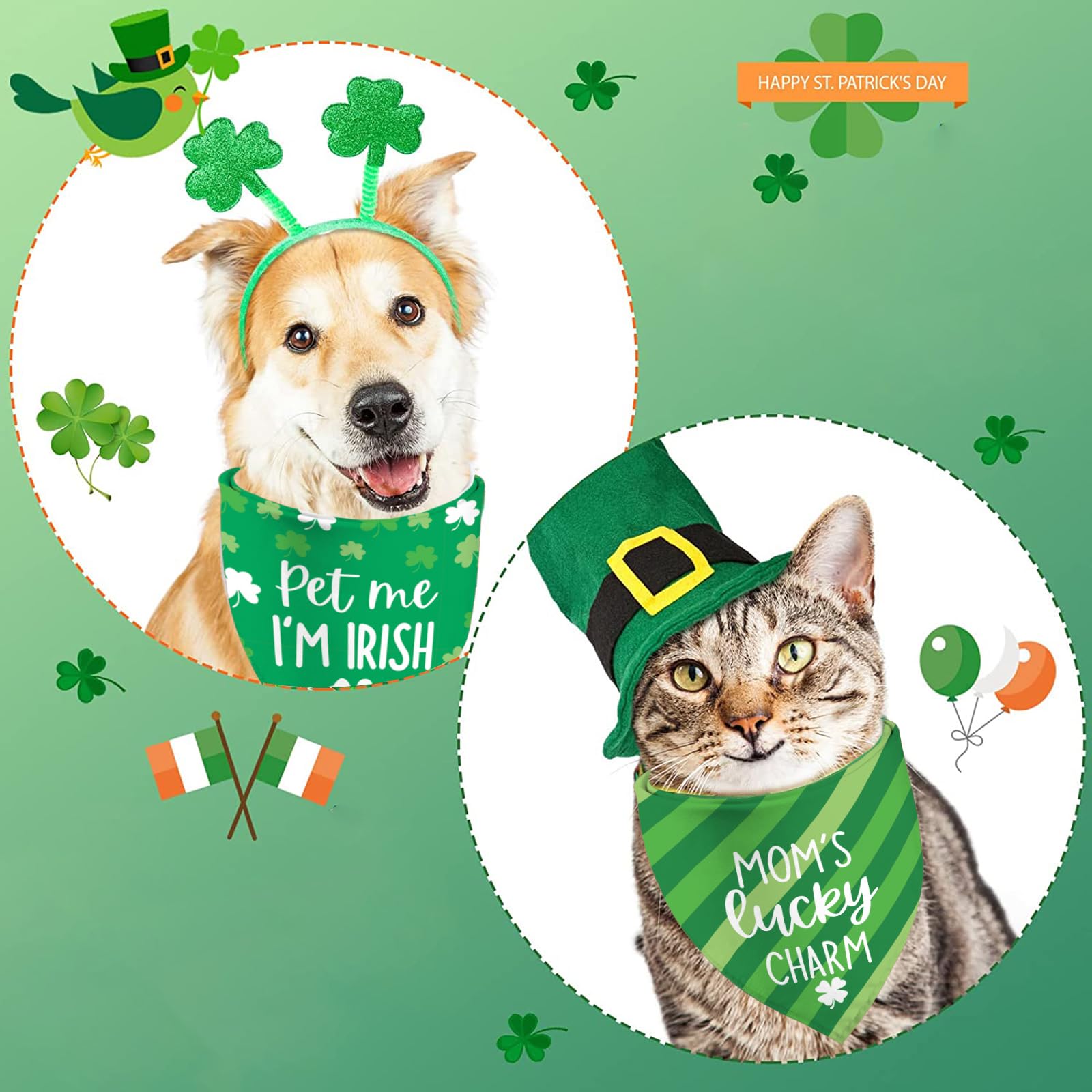St Patrick'S Day Dog Bandanas - Lucky Shamrock Puppy Scarf - 2 Pcs Adjustable Triangle Double-Layer Reversible Pet Bandanas For