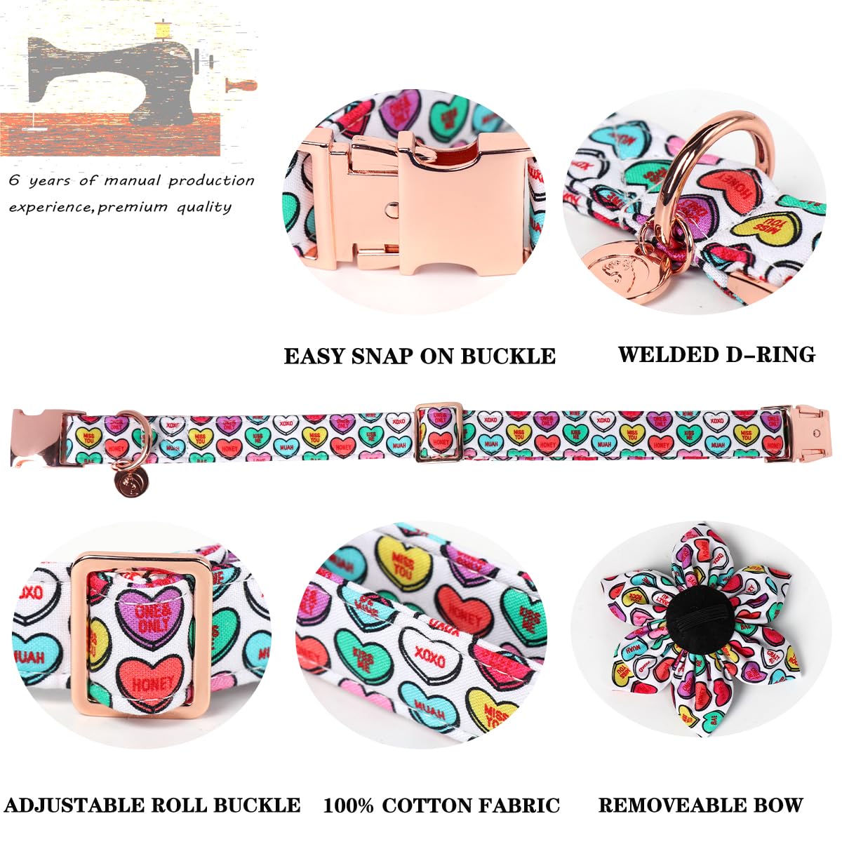 Dogwong Valentine'S Dog Collar With Flower, Adjustable Durable Pink Heart Dog Collar Cute Dog Collar For Small Medium Dogs
