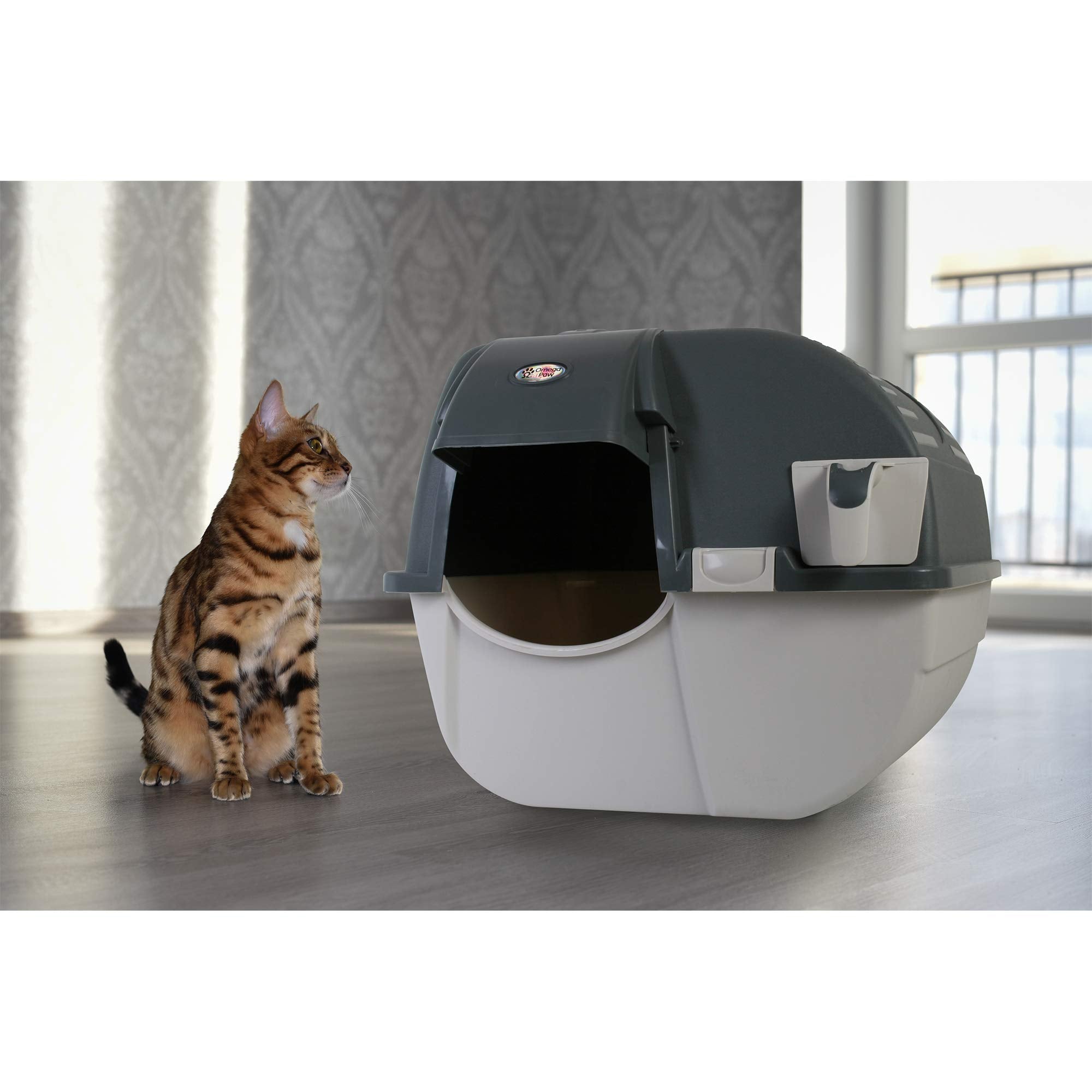 Omega Paw Easy Fill Roll 'n Clean Cat Litter Box - Regular Size, Grey Plastic
