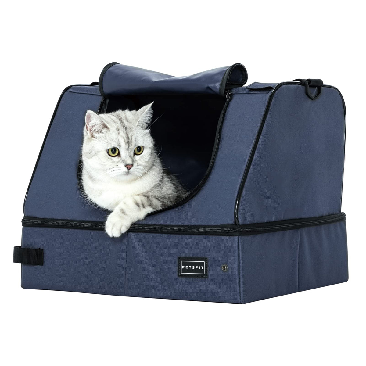 Petsfit Upgrade Travel Portable Cat Litter Box For Medium Cats & Kitties,Leak-Proof, Lightweight, Foldable (Blue（With Lid）, 17' Lx13 Wx12.5 H)