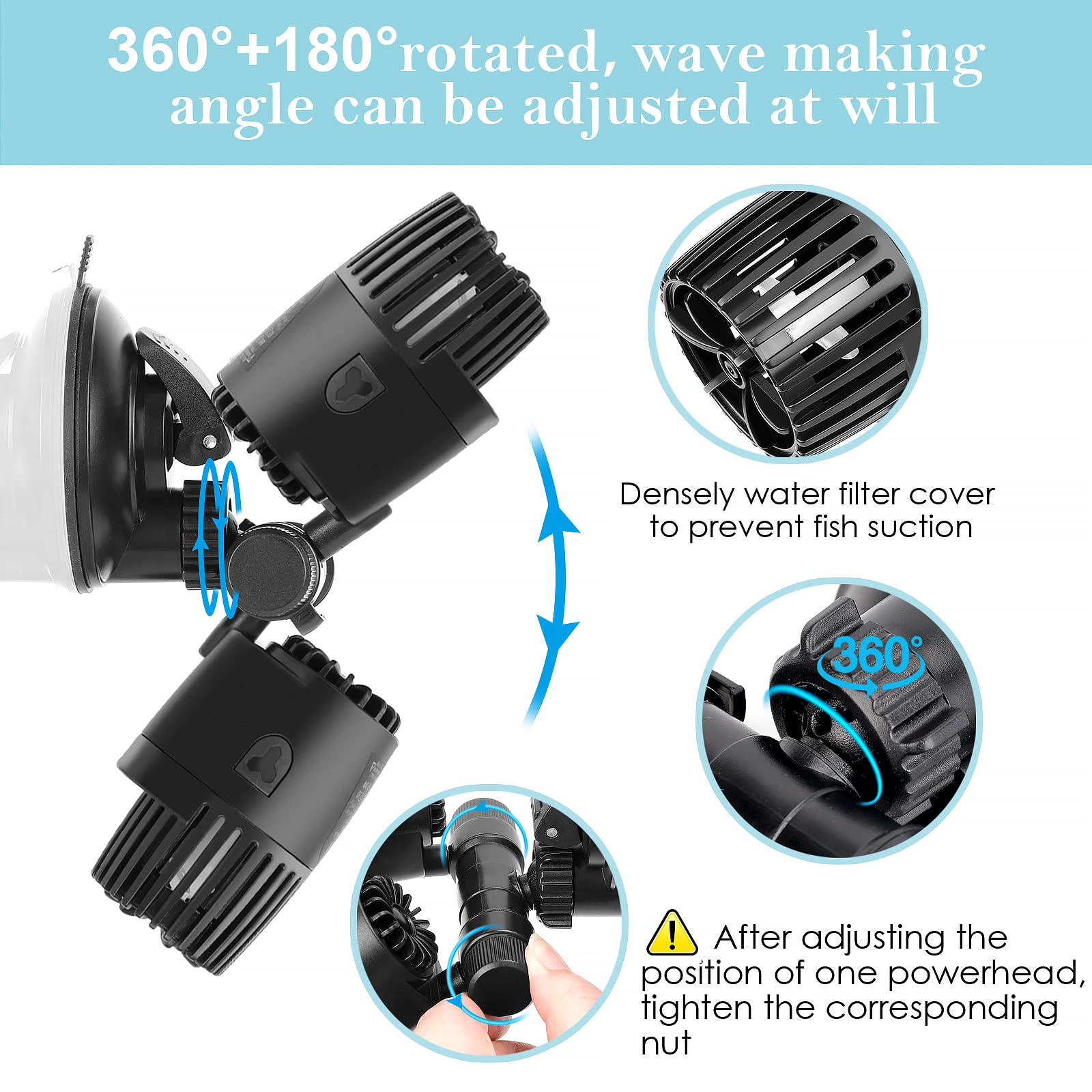 Aqqa Aquarium Wave Maker,8W/12W/20W/25W Suction Cup Fish Tank Double Powerhead Pump，110V/60Hz Ultra Quiet Submersible Circulation Pump,360°+180°Adjustable For Freshwater Saltwater