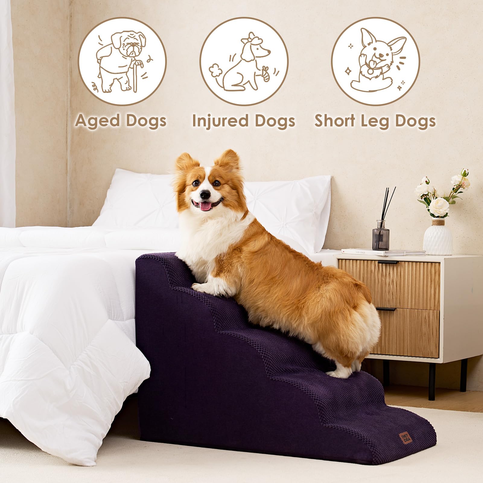 Eheyciga Curved Dog Stairs Ramp For High Beds 22.6' H, 5-Step Dog Steps For Small Dogs And Cats, Pet Stairs For High Bed Climbi