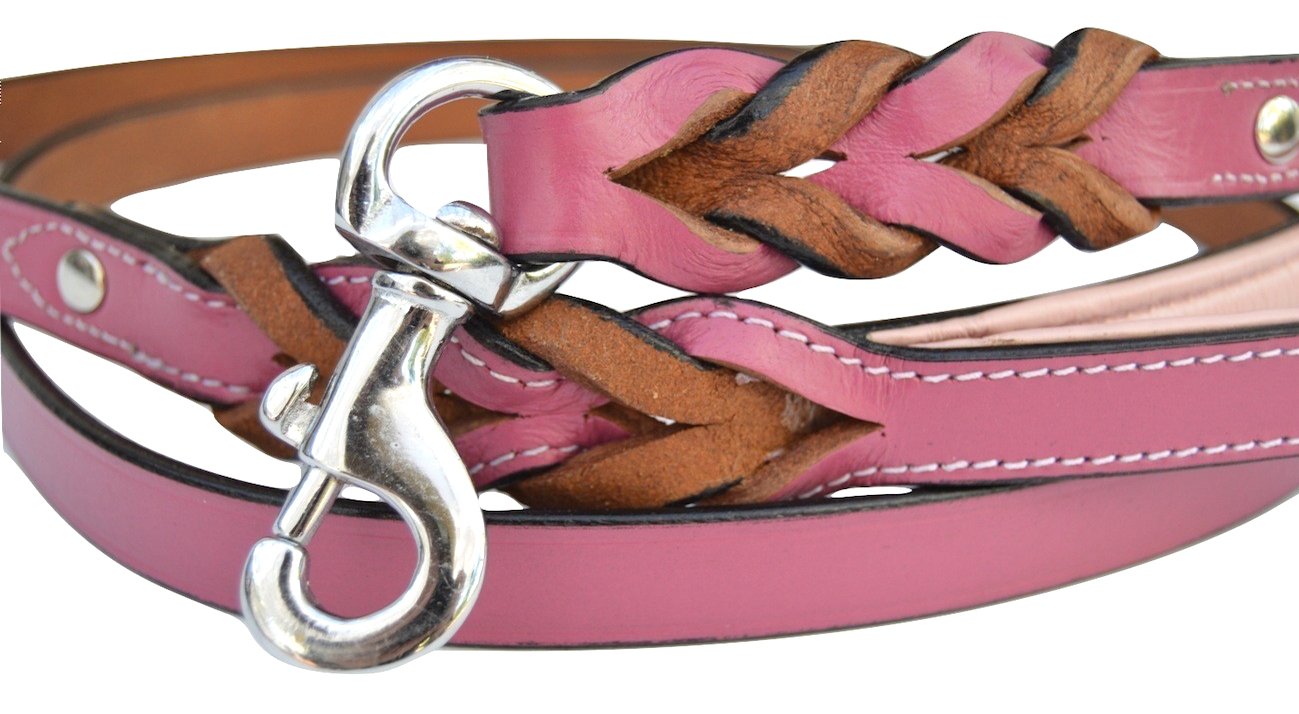 Soft Touch Collars Luxury Raspberry Pink Leather Dog Leash With Two Braids, 4 Feet X 1/2 Inch Wide,Made With Real Genuine Leathe