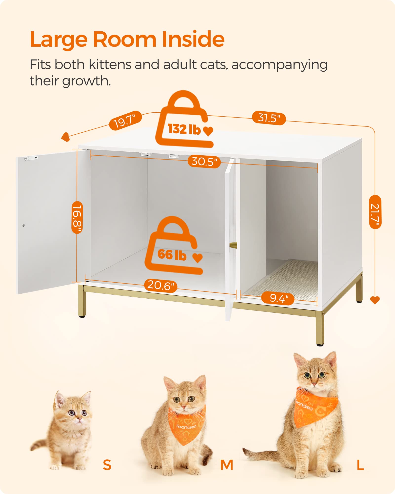 Feandrea Litter Box Enclosure, Modern Cat Litter Box Furniture With Scratching Mat, Cat House For Indoor Cats, Side End Table, 31.5 X 19.7 X 21.7 Inches, Simply White And Metallic Gold Upcl007W01