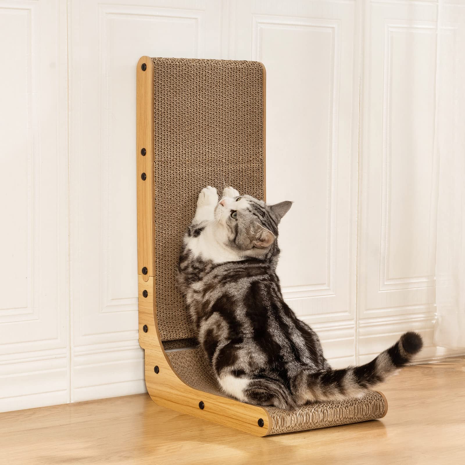 Poils Bebe L Shape Cat Scratcher, 26.8 Inch Cat Scratchers For Indoor Cats, Protecting Furniture Cat Scratch Pad, Cardboard Cat Scratching With Ball Toy, Catnip, Large