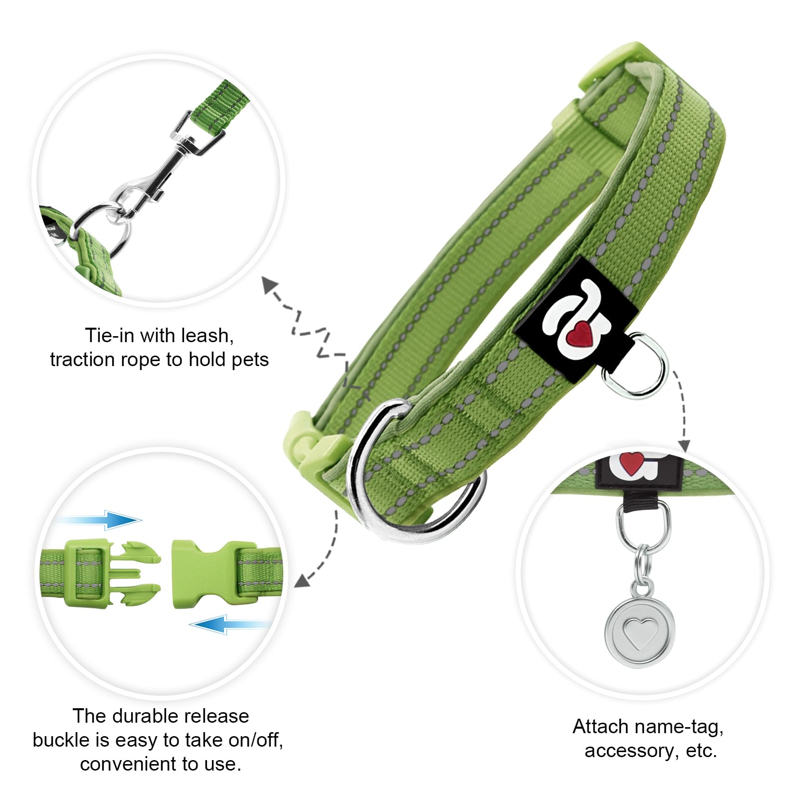 Azuza Reflective Dog Collar, Soft Neoprene Padded Pet Collar With Id Tag Ring, Adjustable For Large Dogs,Army Green,L