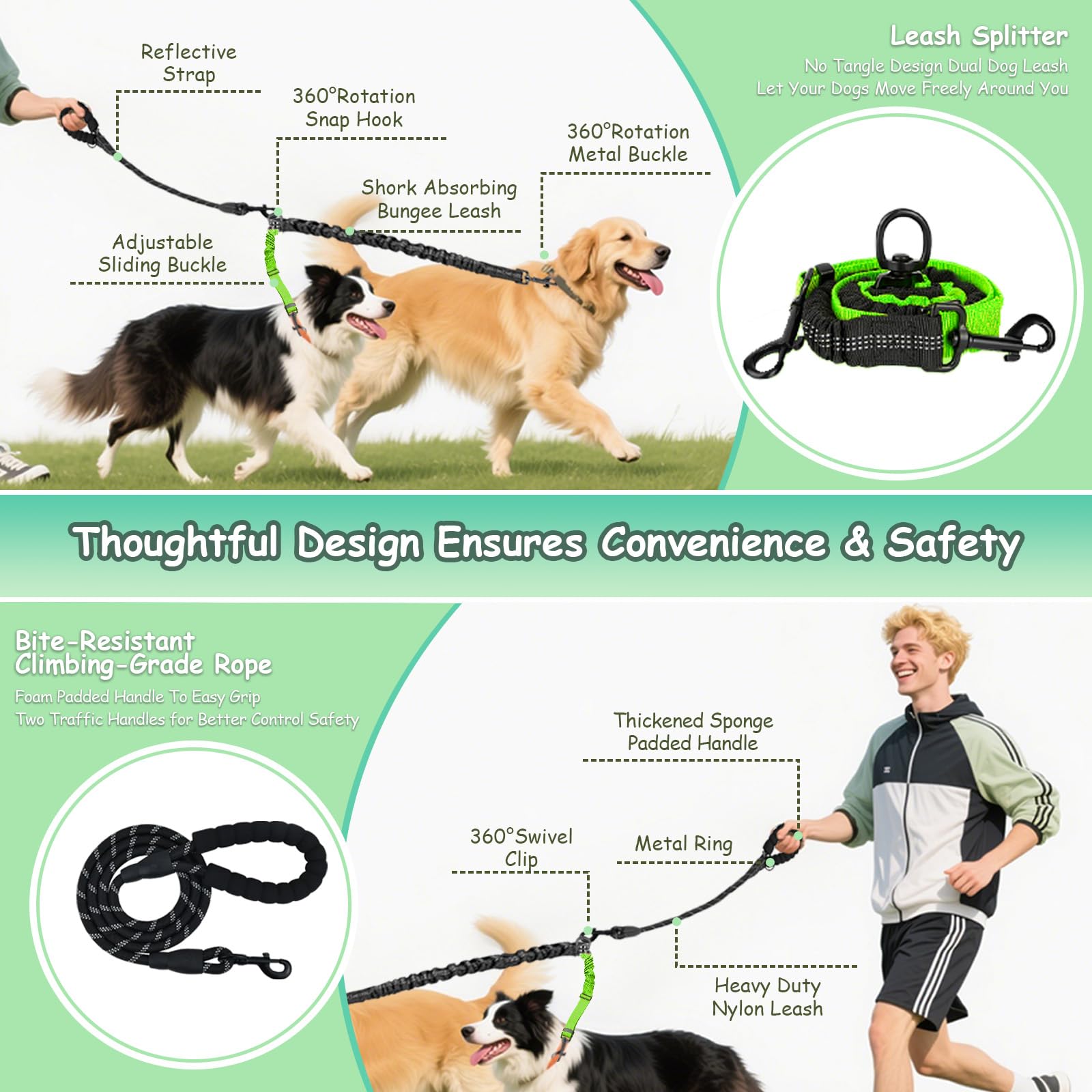 Leosasa Double Dog Leash - 360Swivel Tangle Free Splitter Attachment, 1 Rope With Handle, 2 Dogs Multi-Functional Leash, For Out