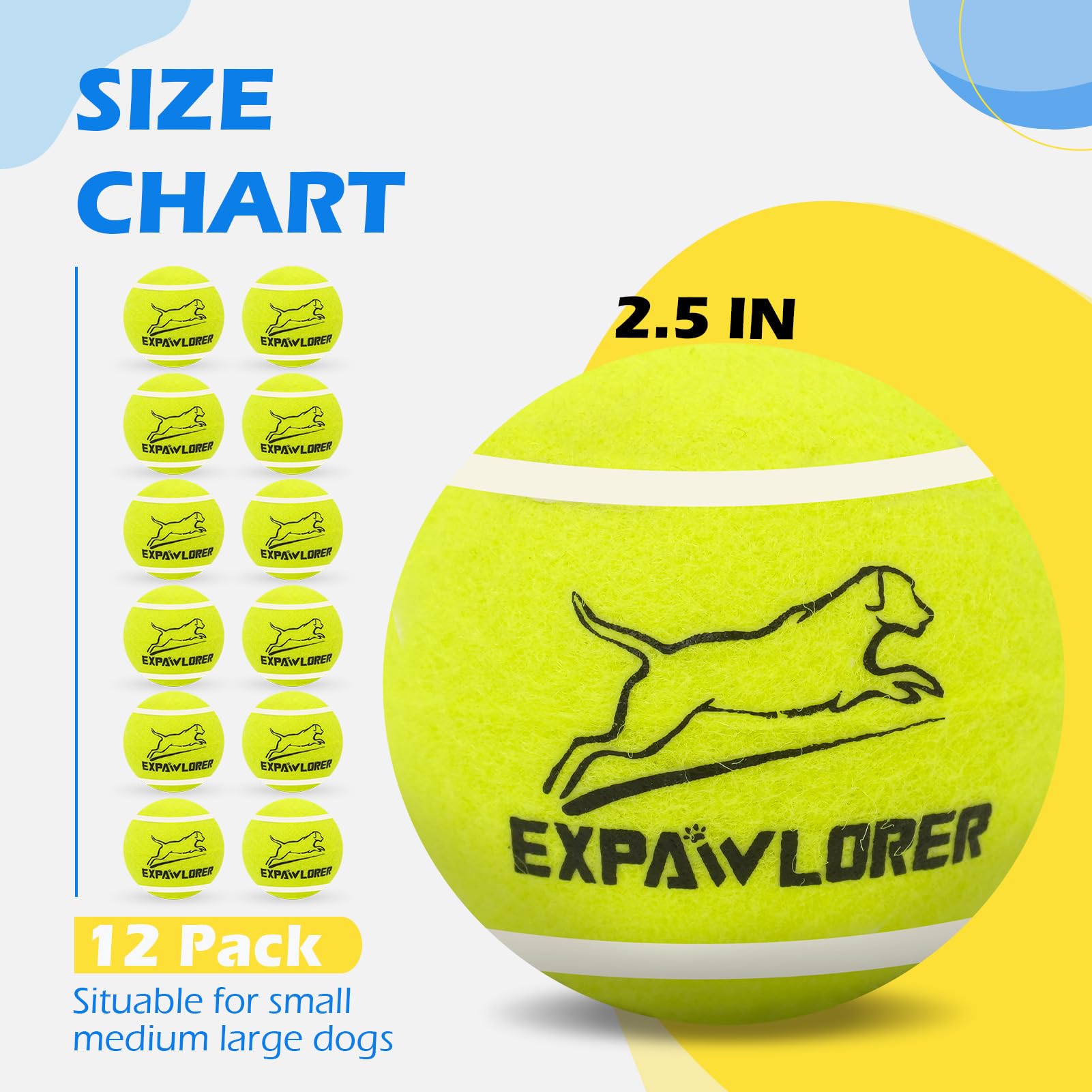 Expawlorer Tennis Toys For Dogs, 2.5 Inch Dog Toy Tennis Balls With Squeaker, 12 Pack Interactive Squeaky Dog Balls For Aggressi