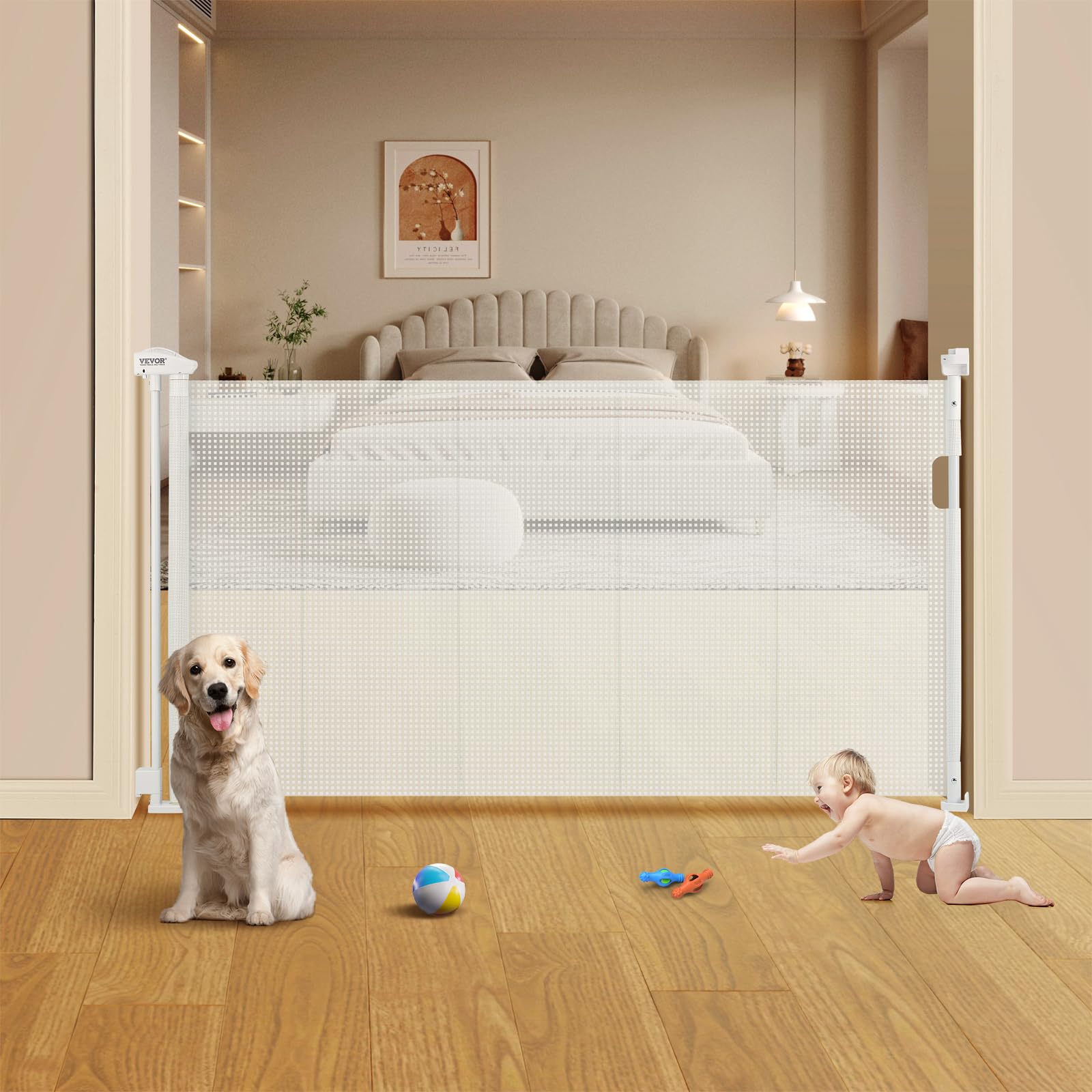 VEVOR Retractable Baby Gates for Stairs, Extends up to 60&quot; Wide, Mesh Dog Gate for The House, 34&quot; Tall Child Safety Gates for Doorways, Hallways, Wide Pet Gate, Cat Gate Indoor & Outdoor, White