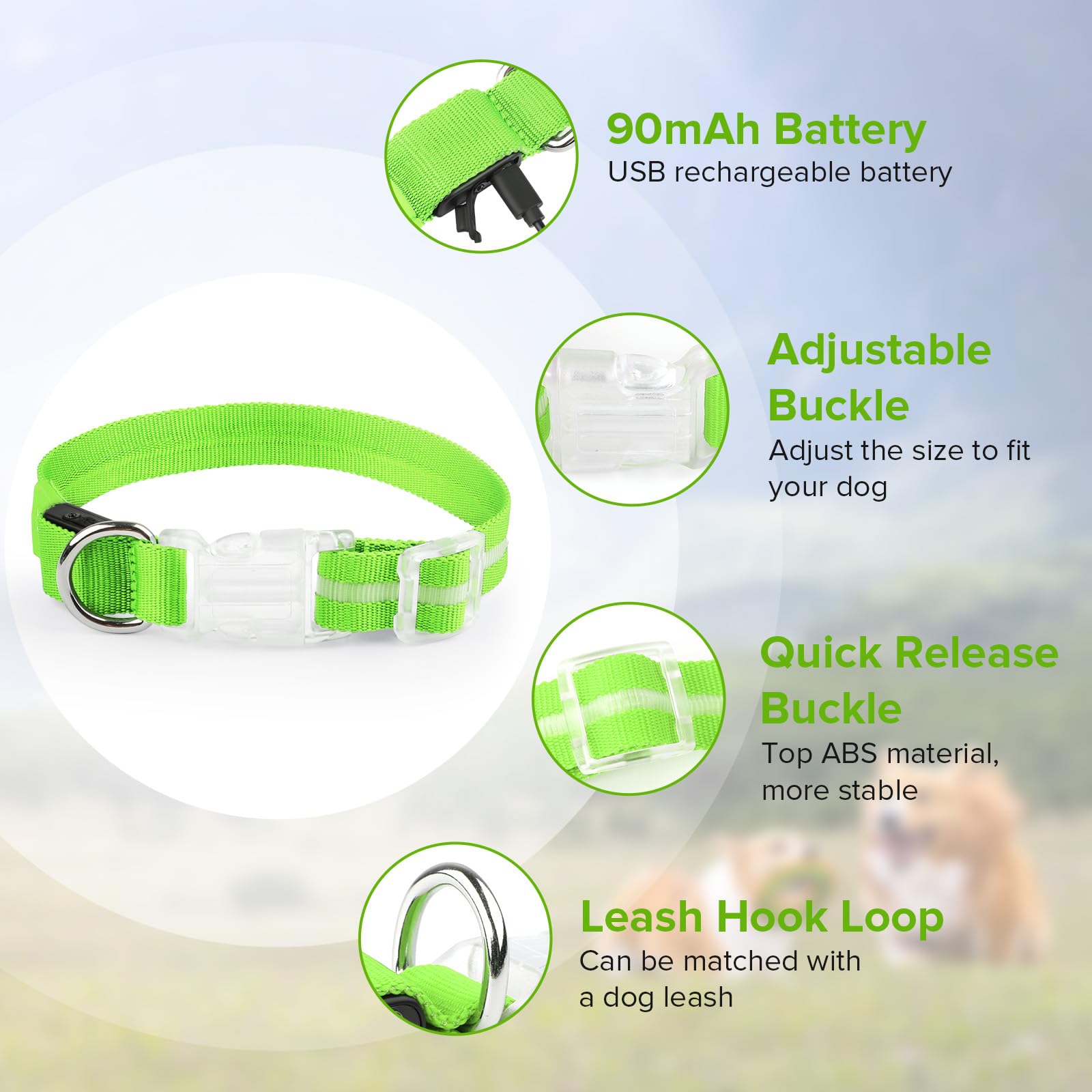 Light Up Dog Collar, Adjustable Usb Rechargeable Glow In Dark Dog Collar Waterproof For Small Medium Large Dogs (Green, Small)