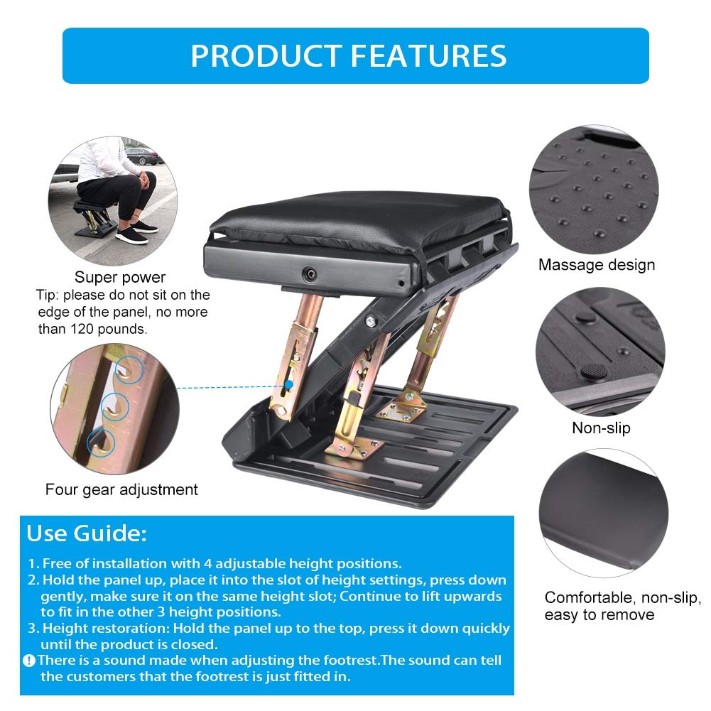 Leermart Adjustable Footrest, 4-Level Height Adjustment, Metal, Black, Max Load 120Lbs with Massaging Beads, Model BN-E03-2C-01