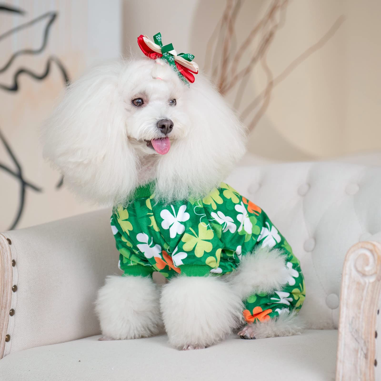 Cutebone Clover St.Patrick'S Day Small Dog Pajamas Soft Puppy Pjs Fleece Stretchy Onesie Cat Clothes For Daily Wear P275L