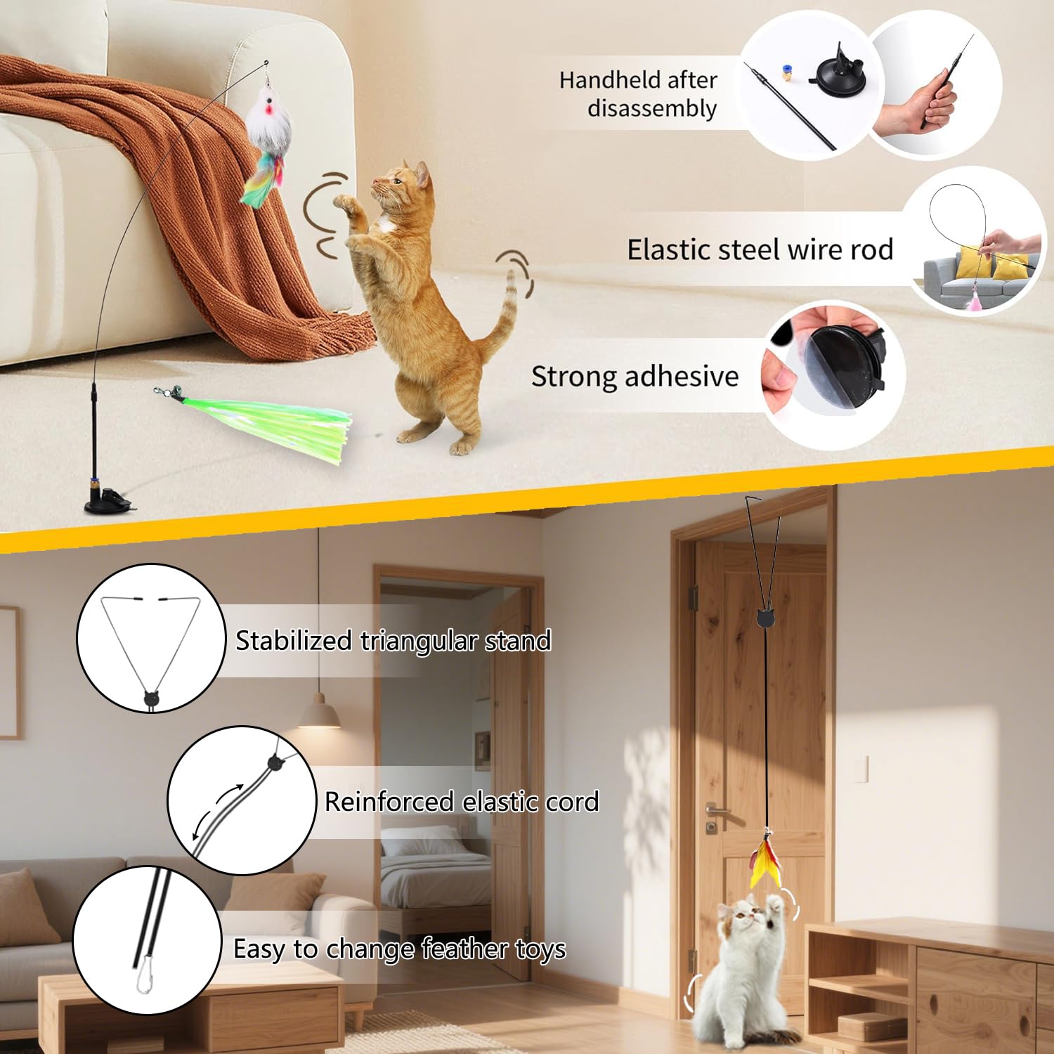 Janbenty 4-In-1 Interactive Cat Feather Toys With Retractable Fishing Pole And Enhanced Suction Cup Catnip Toy Wand For Indoor K