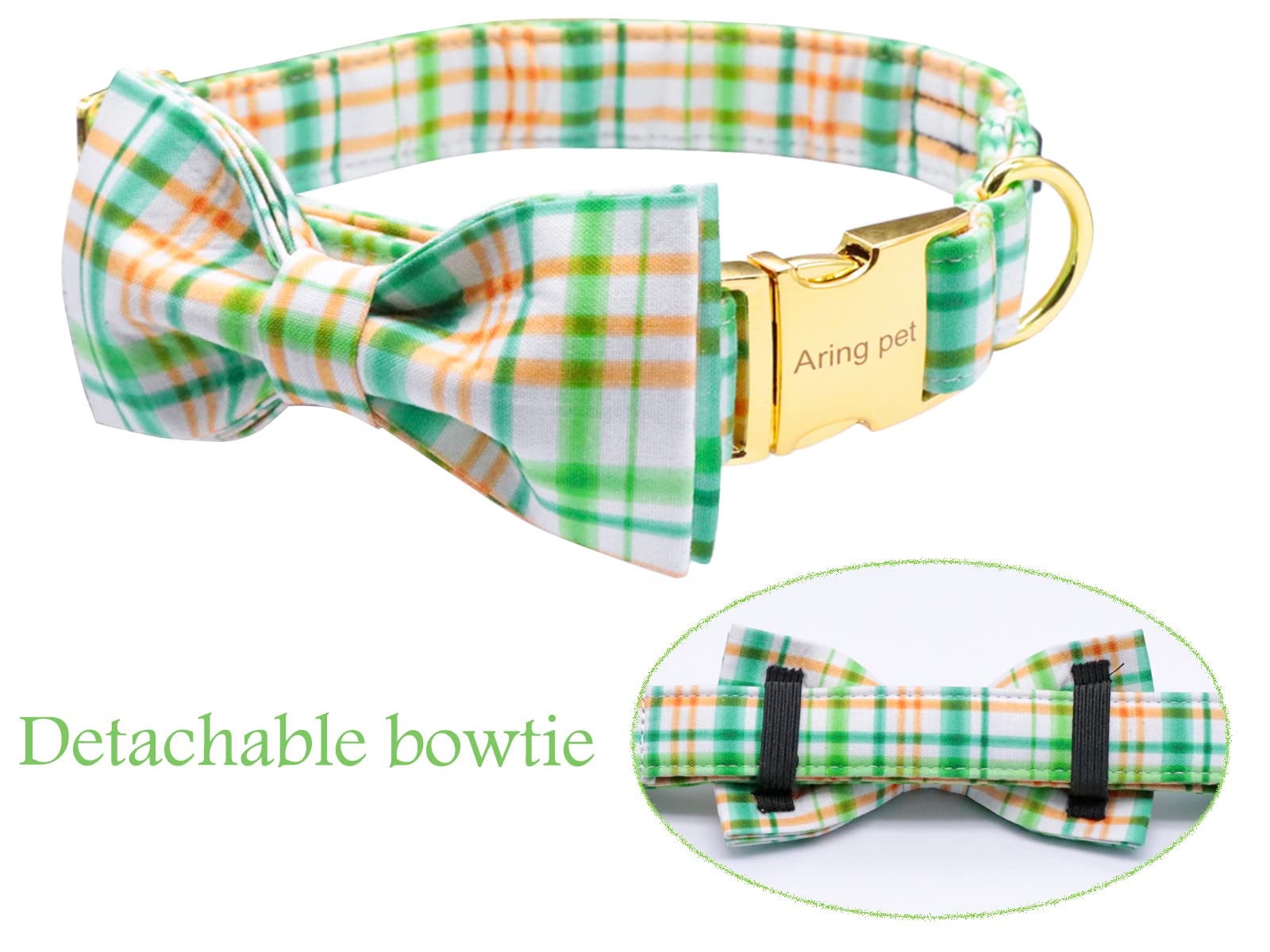 ARING PET Bowtie Dog Collar, Adorable Green Grid Dog Collars with Detachable Bow, Adjustable Collar Gifts for Small Medium Large