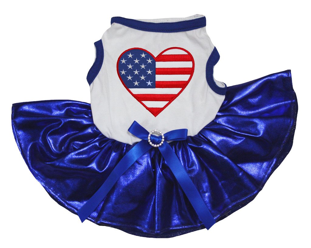 Petitebella Usa Heart Puppy Dog Dress (White/Bling Blue, Medium)
