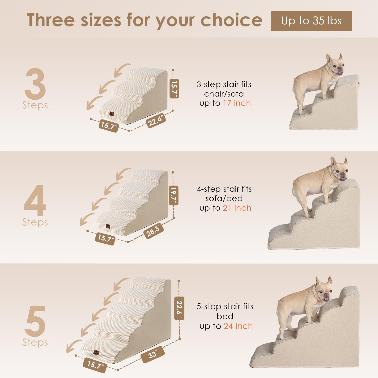 Eheyciga Curved Dog Stairs Ramp For High Beds 22.6' H, 5-Step Dog Steps For Small Dogs And Cats, Pet Stairs For High Bed Climbing, Non-Slip Balanced Pet Step Indoor, Beige