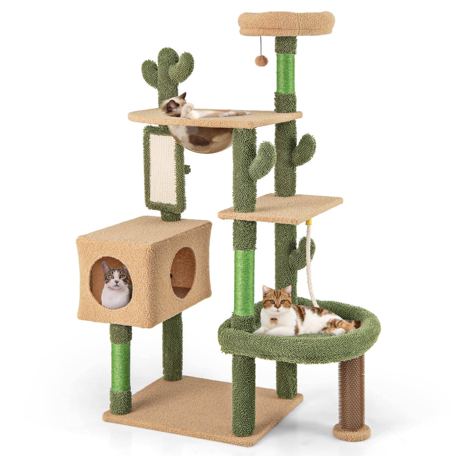 PETSITE 59 inch Cactus Cat Tree Tower, Multi-Level Cat Tower with Sisal Scratching Posts, Board and Rope, Cat Condo, Capsule Bed