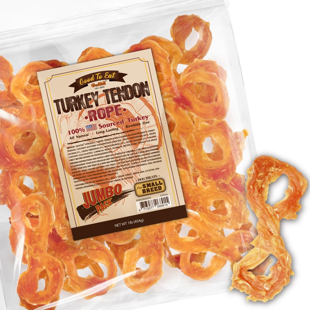 Gootoe Turkey Tendon Dog Treats, Rope (S) 1 lb, 100% USA-Sourced Turkey, Natural Snack, Premium Puppy Chews, Hypoallergenic, Res