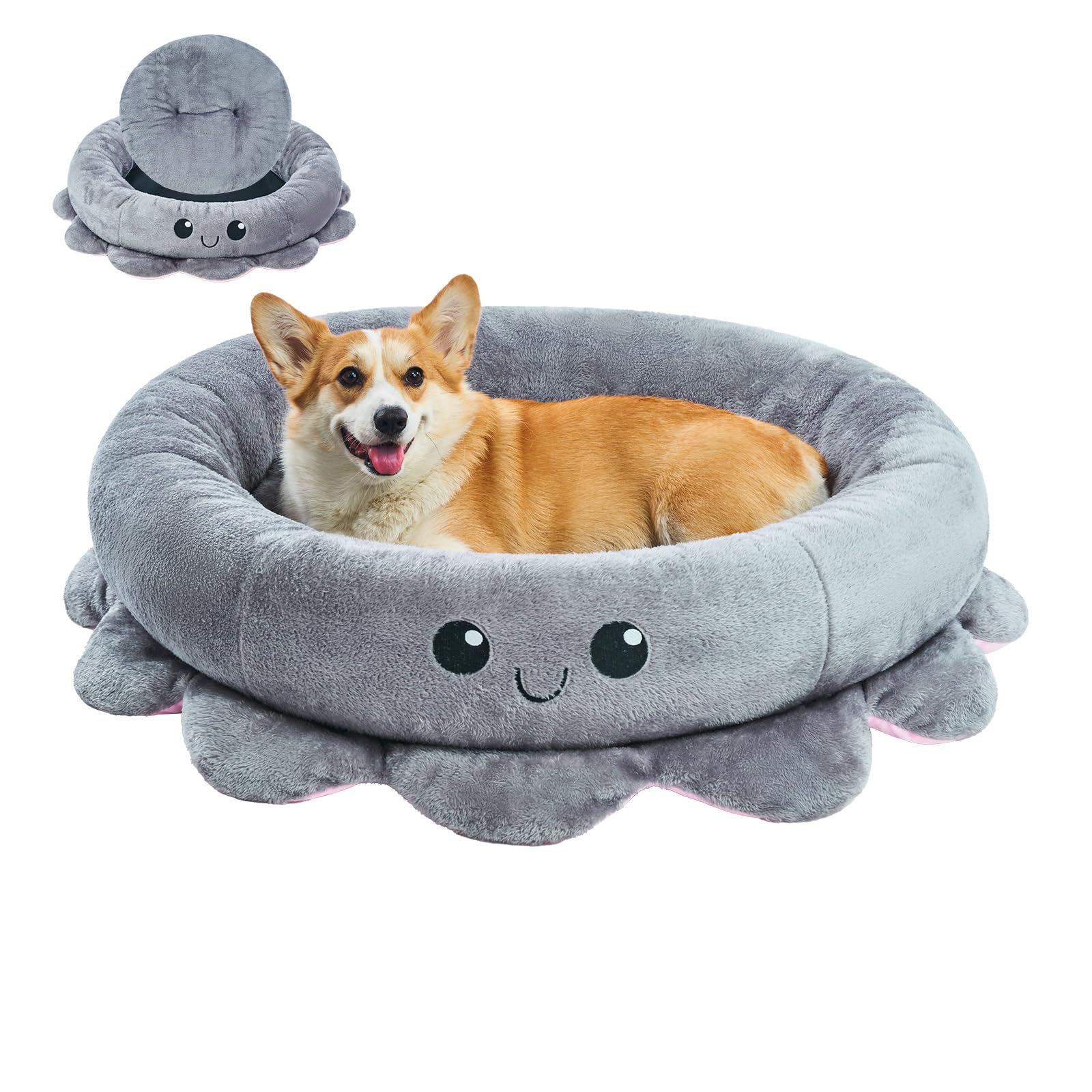 Jiupety Cute Calming Dog Beds Clearance for Large and Extra Dogs, Anxiety Bolster Dog Bed with Octopus Shape, Grey, XL, Boho, Ro