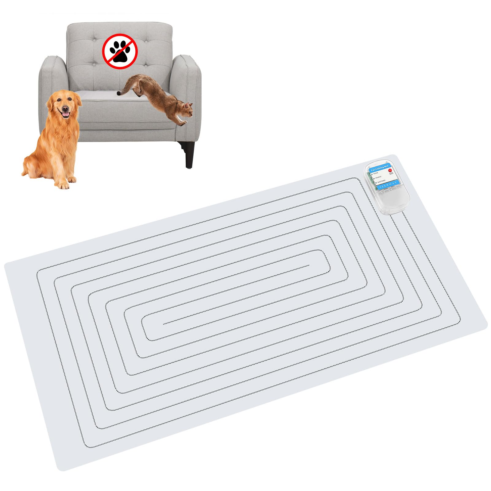 Seerway Scat Pet Shock Mat Indoor, Safe Shock Training Pads For Dogs And Cats, Electric Repellent Mat Keeps Pets Off Couch, Sofa, Counter Top, 3 Training Modes, 30'X16' Rectangular, Battery Operated