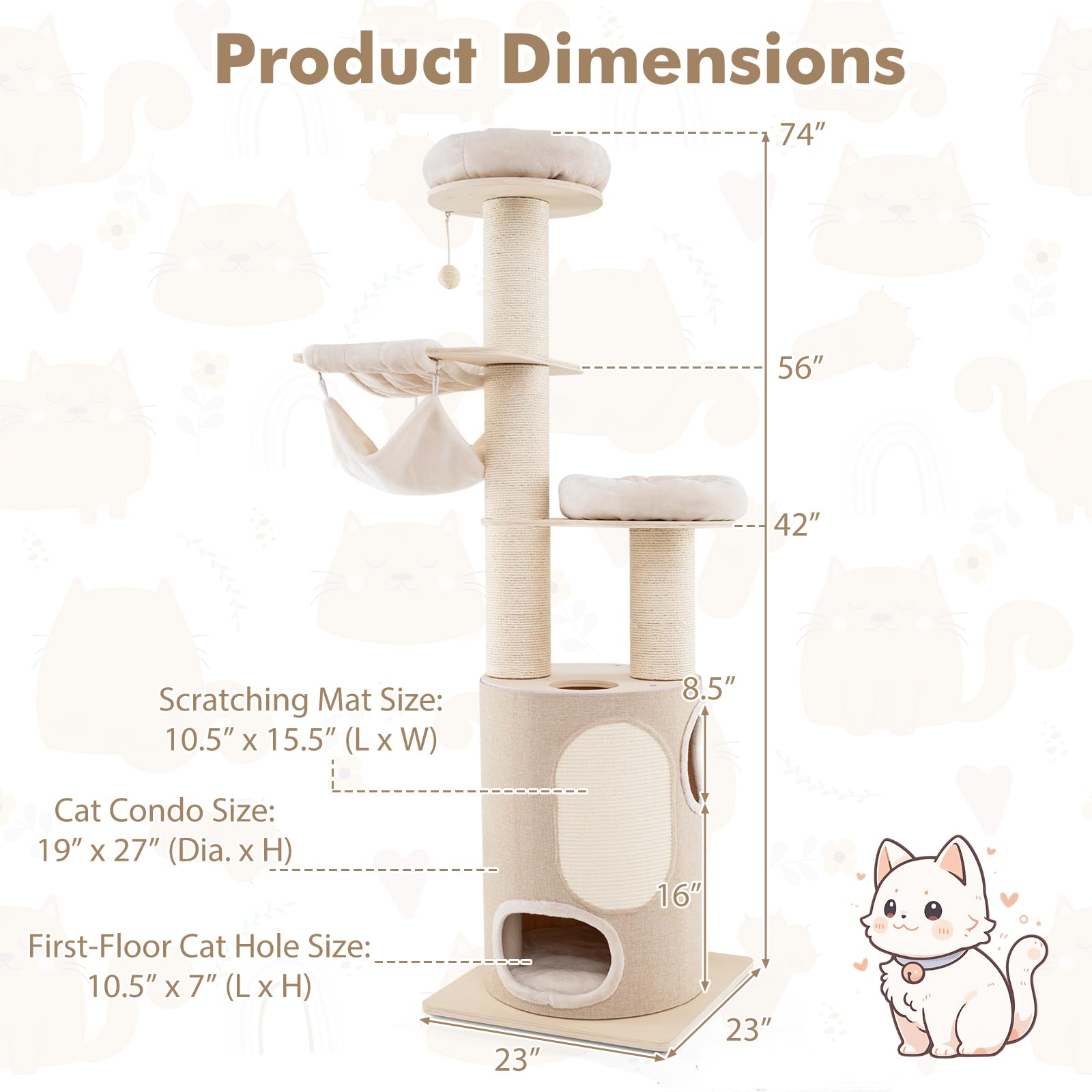 Tangkula Cat Tree Tower, 74 Inch Multi-Level Tall Cat Tower With Sisal Scratching Posts, 2-Story Cat Condo, 2 Hammocks, 2 Perche