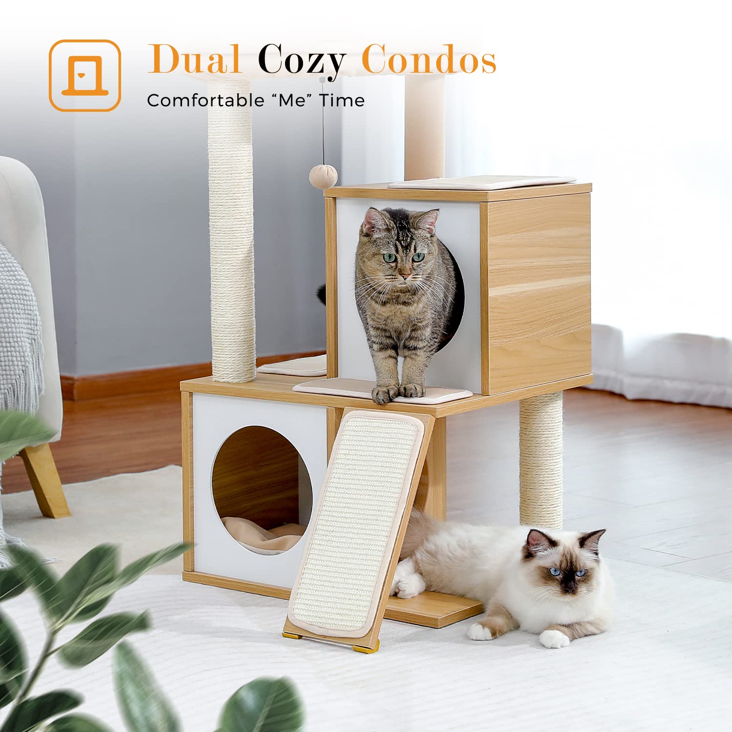 Pawz Road Cat Tree 35 Inches Wooden Cat Tower With Double Condos, Spacious Perch, Fully Wrapped Scratching Sisal Posts And Repla