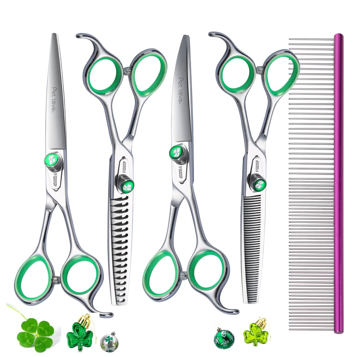 Fogosp Professional Dog Grooming Scissors Kit Japan 440C Stainless Steel 7.0 In Curved Thinning Straight Chunker Shears And Comb 5Pcs Set For Grooming Dogs Cat Pet