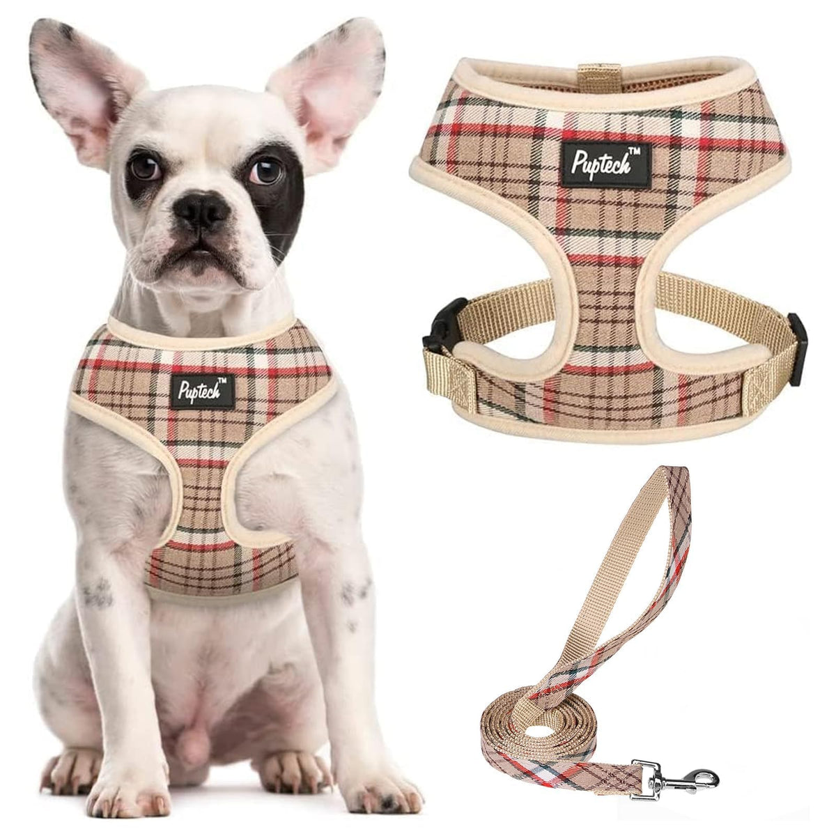 Pupteck Soft Mesh Dog Harness And Leash Set Pet Puppy Cat Comfort Padded Vest No Pull Harnesses, Khaki, L