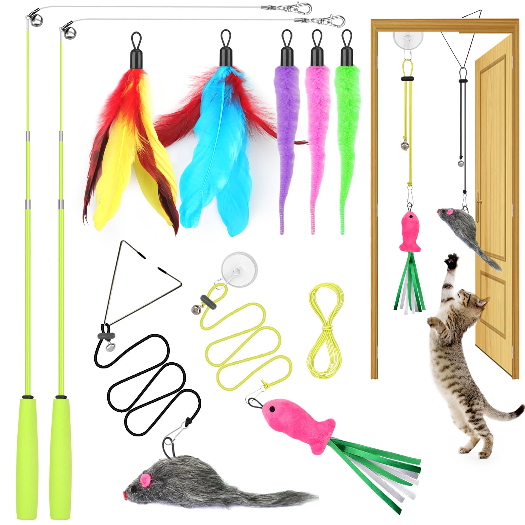 Chicwow Interactive Retractable Cat Wand & Hanging Toys For Cats - 2 Wands, 2 Hanging, 7 Teaser Cat Toys For Indoor Adult Cats K
