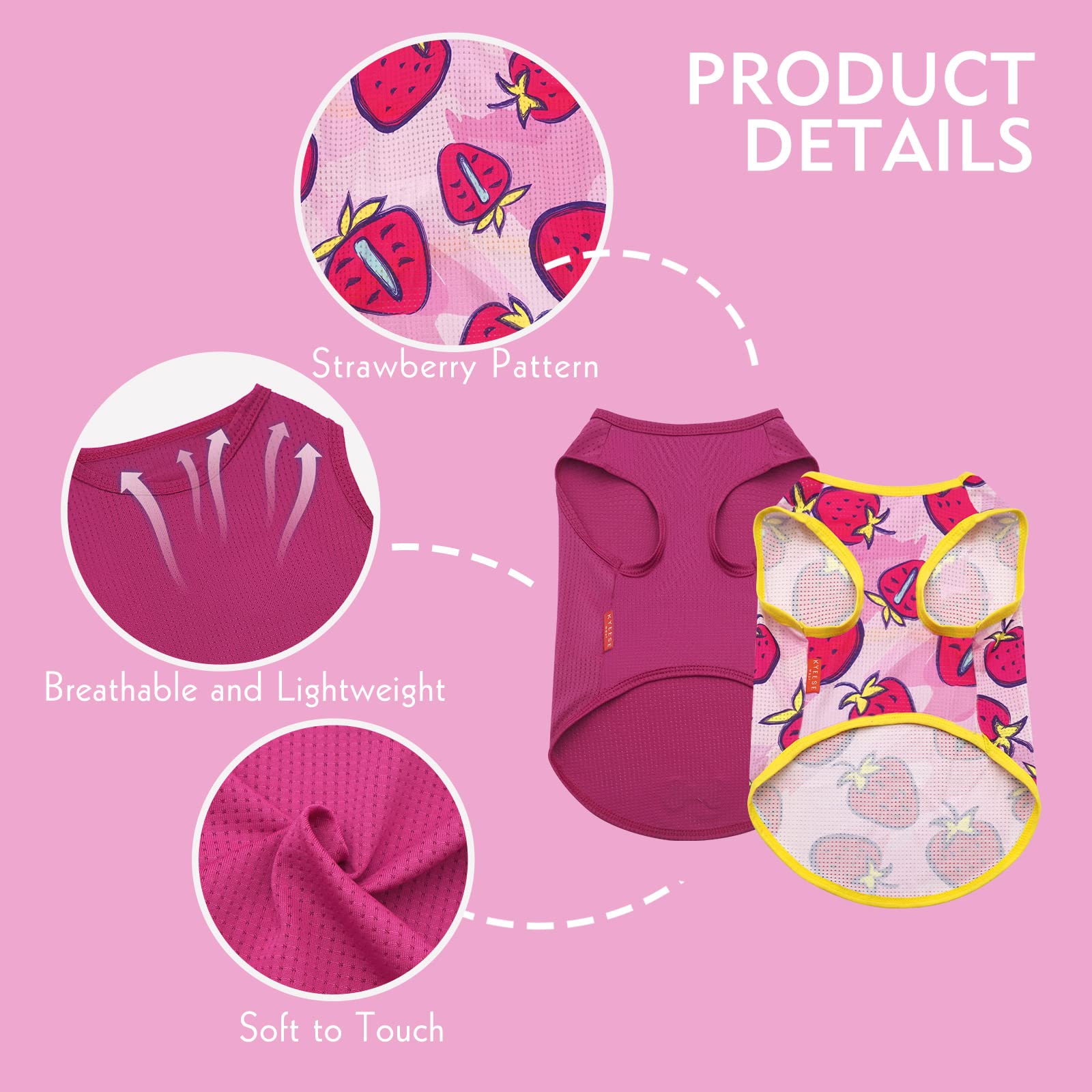 Kyeese 2 Pack Dog Shirt For Small Dogs Quick Dry Lightweight Dog T-Shirts With Reflective Label Tank Top Sleeveless Vest Cat Shirts Clothes For Summer Strawberry Pattern, Small, Strawberry+Rose