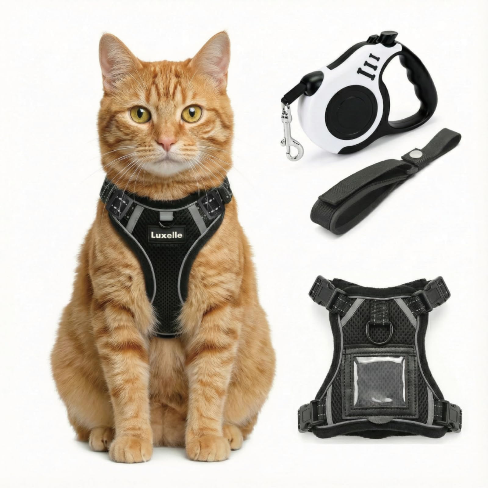 Luxelle Escape-Proof Cat Harness and Leash Set - Adjustable No Pull Soft Vest with 360 Reflective Straps, Built-in Pocket & Wris