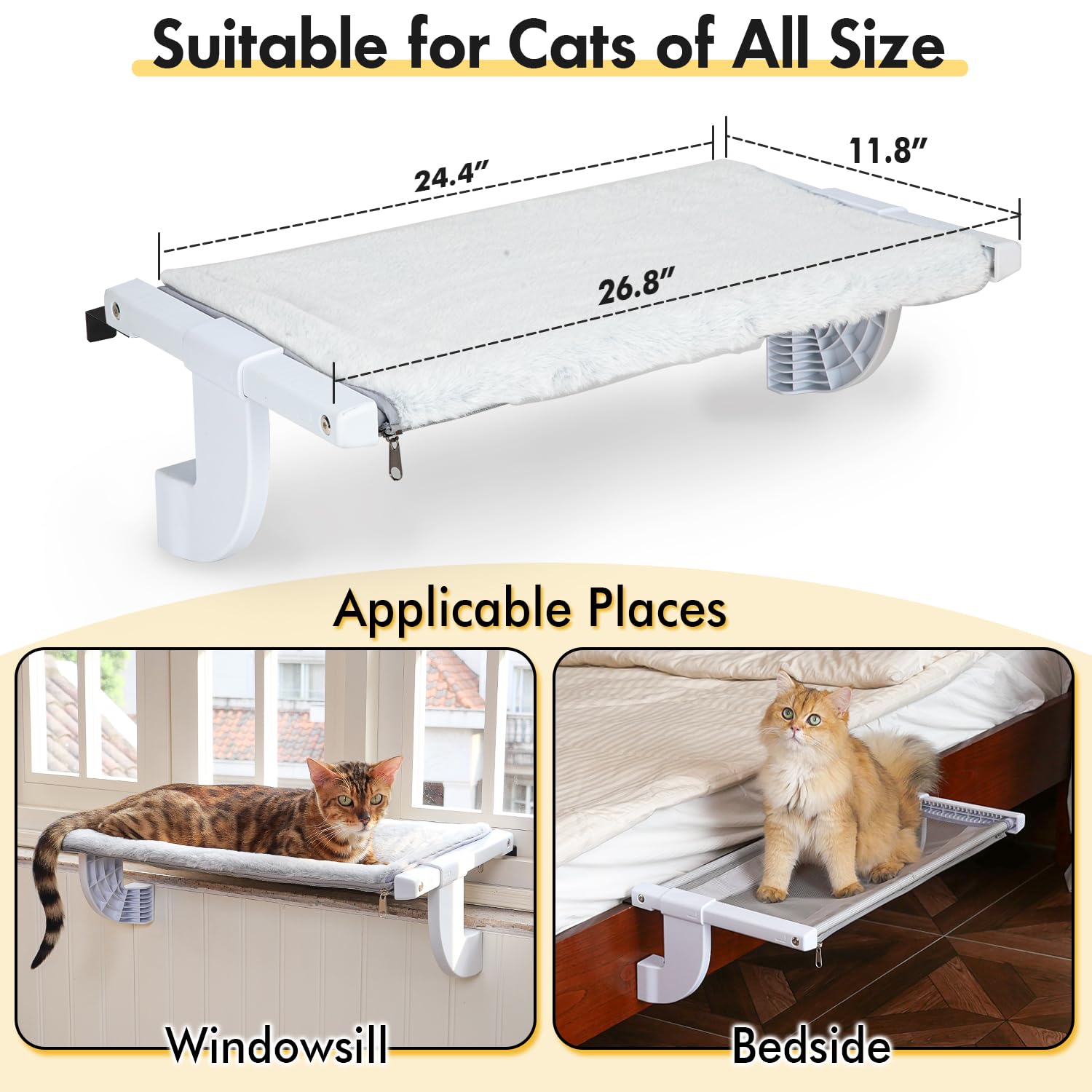Zoratoo Window Sill Mount Cat Perch For Indoor Cats, One-Step Sliding Adjustment Cat Hammock Window Seat With Removable Two Fabrics Covers, No Suction Cups Cat Beds For Windowsill & Bedside (L)