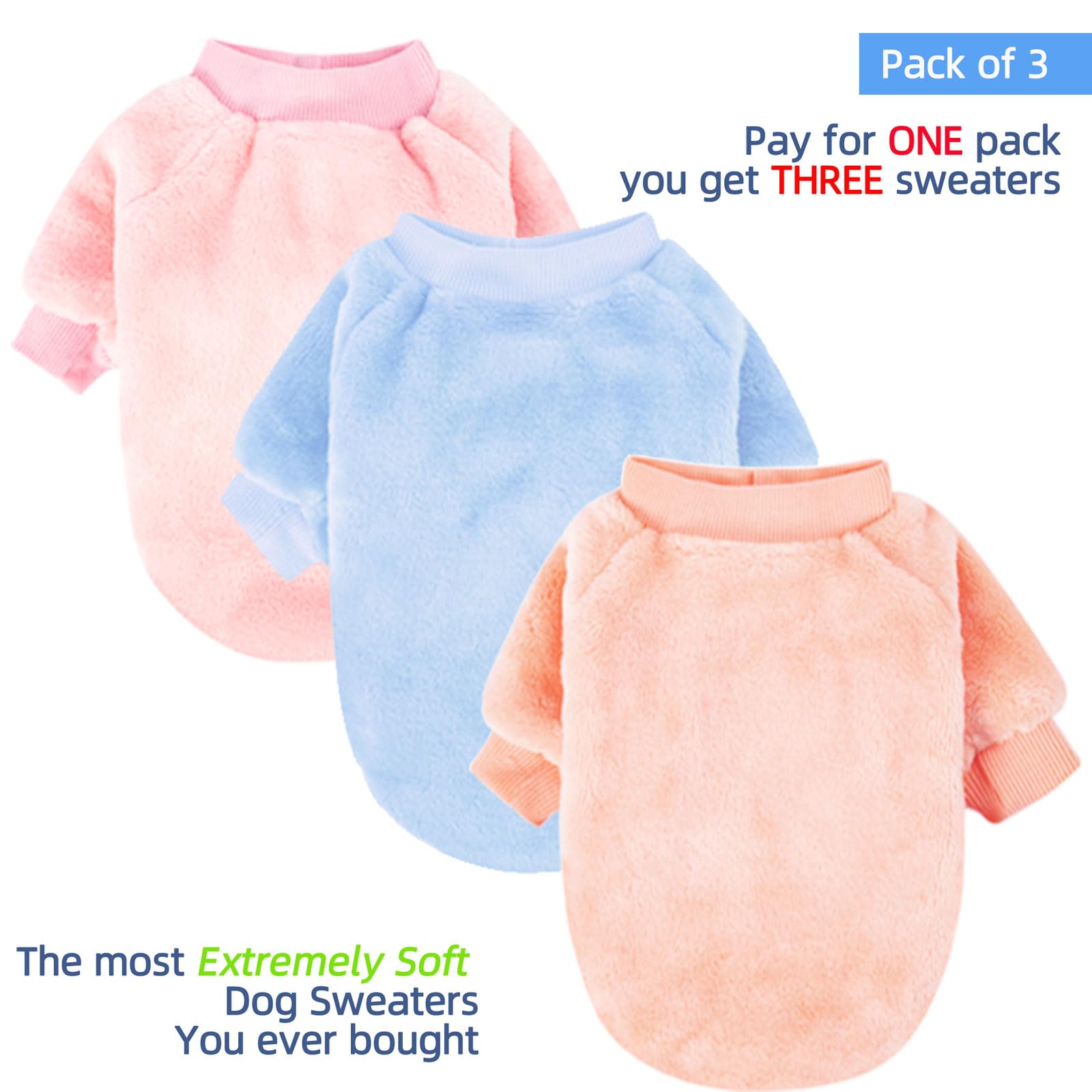 Fabricastle Small Dog Sweaters, 3-Pack Dog Clothes For Small Dogs Girl & Cats, Soft And Warm Pet Coats, Winter Pet Jacket, Doggy