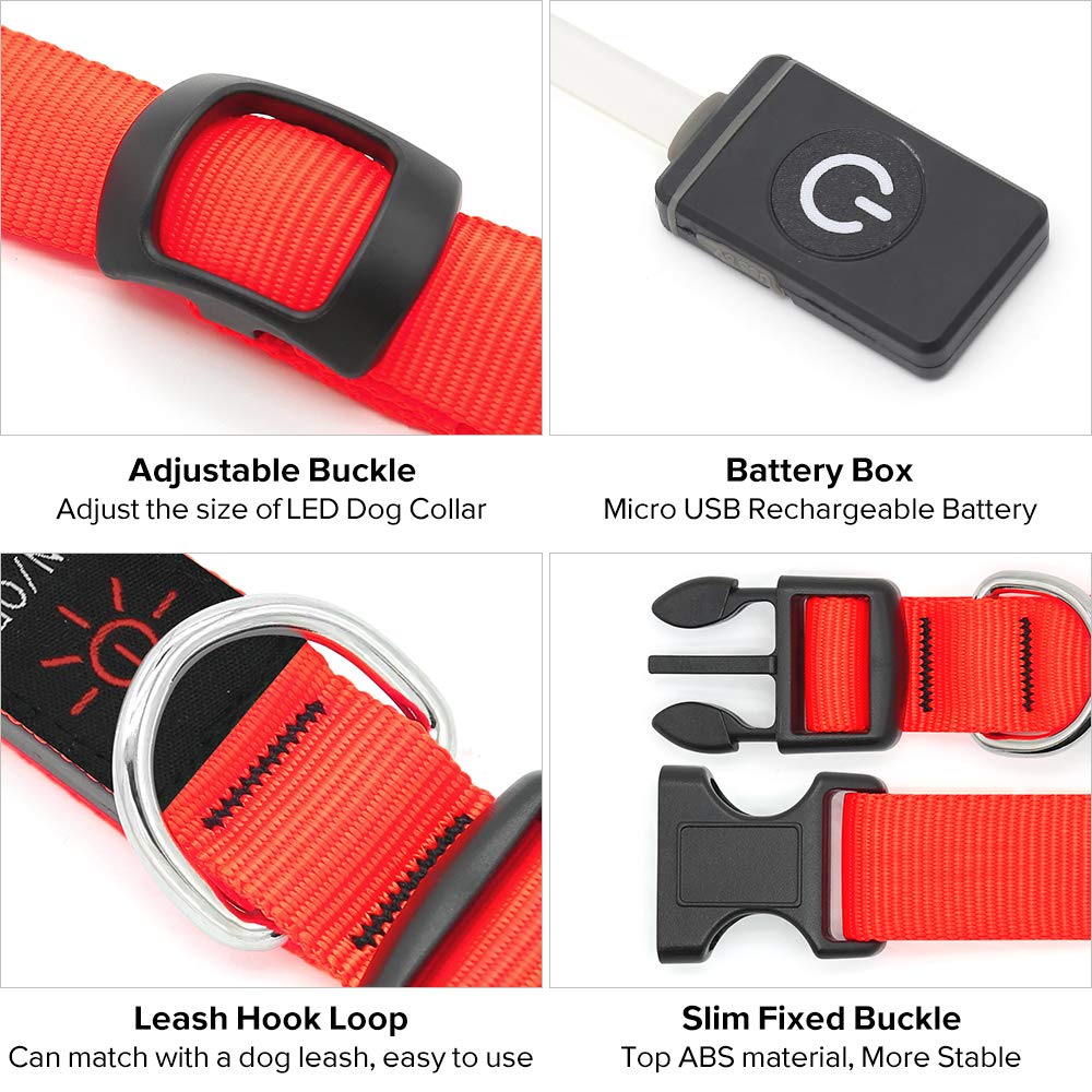 Illumifun Led Dog Collar, Usb Rechargeable Lighted Dog Collar, Nylon Webbing Glowing Safety Collars For Your Dogs Walking At Night(Red, Large)