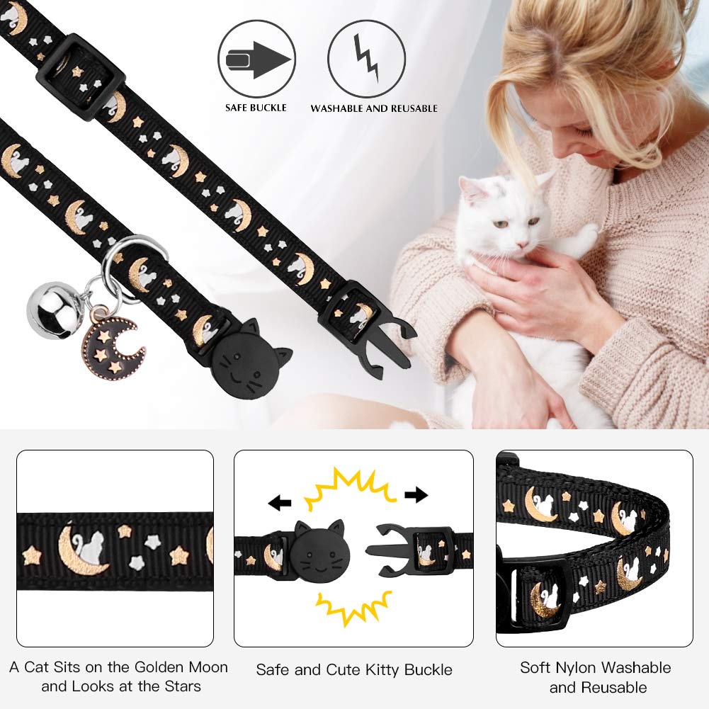 2Pcs Breakaway Cats Collars Cat Collars For Boy Cats Moons Adjustable Kitten Collars With Bell & Pendant Glow In The Dark,Black+