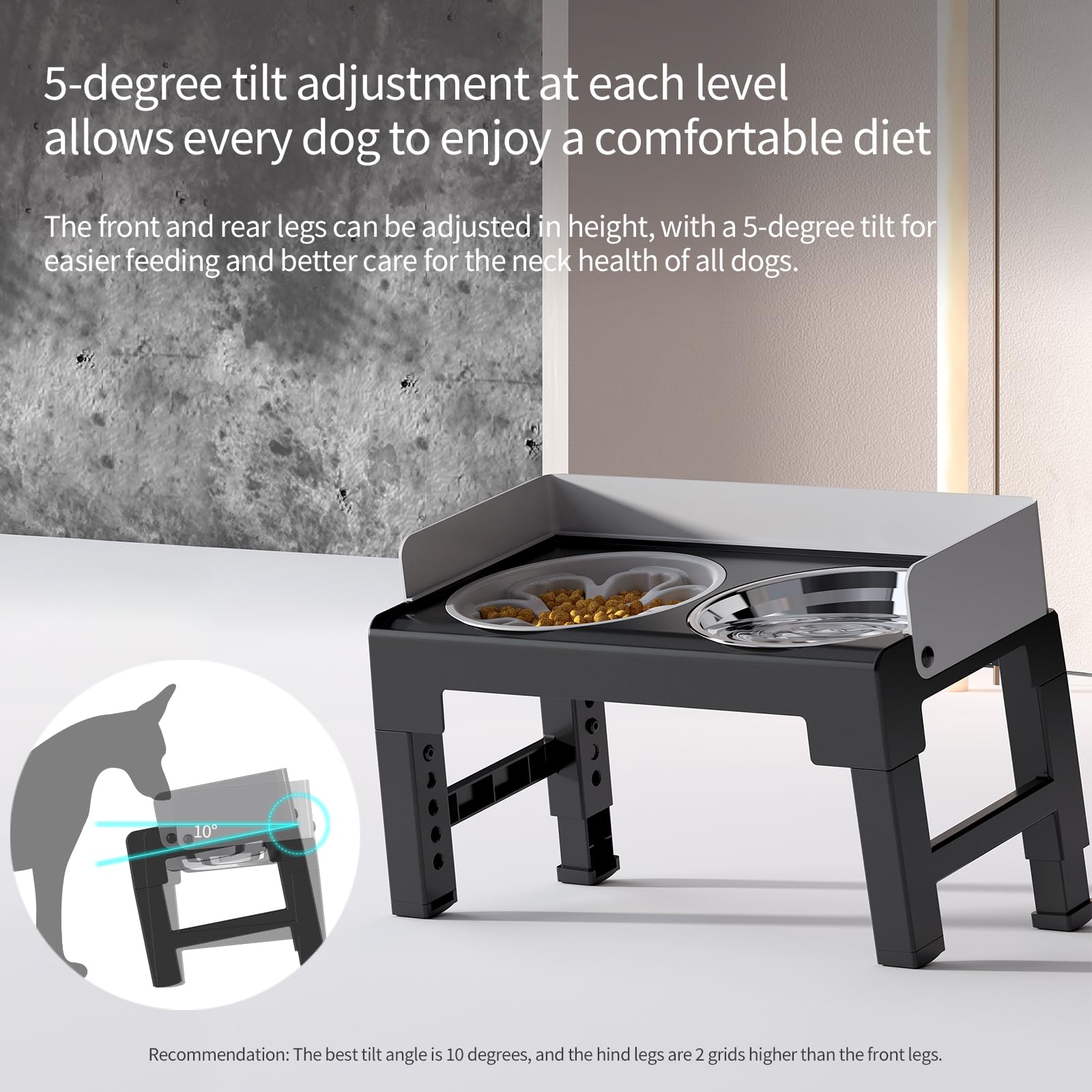 Pakeway Elevated Dog Bowls, Spill Proof, Tiltable Dog Feeder With 1 Stainless Steel Bowl &1 Slow Feeder Bowl, 6 Height Adjustabl