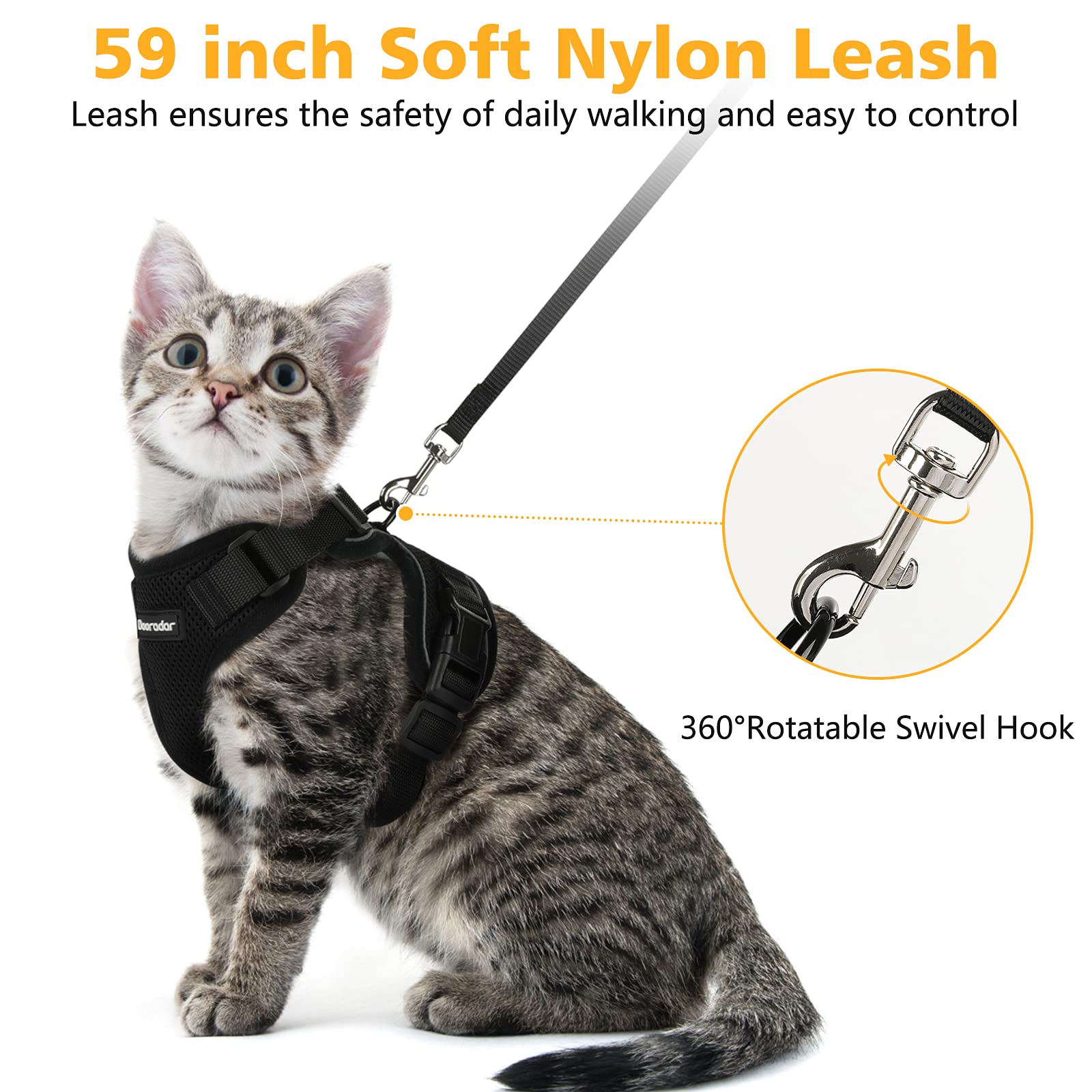 Dooradar Cat Harness And Leash Set, Escape Proof Safe Adjustable Kitten Vest Harnesses For Walking, Easy Control Soft Breathable Mesh Jacket With Reflective Strips For Cats, Black, Xs
