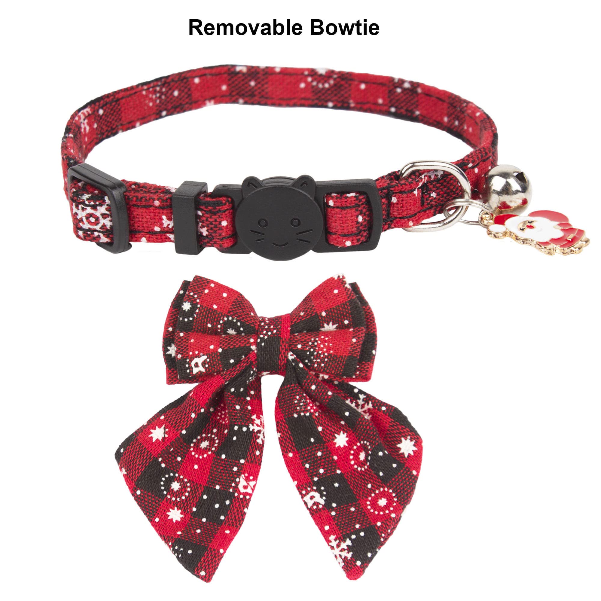 Adoggygo Christmas Cat Collars Breakaway With Stylish Bow, 2 Pack Red Green Plaid With Snowflake Christmas Kitten Collar With Bell, Removable Bowtie Cat Christmas Collar For Cats (7.5'- 10.5', Bow-2)