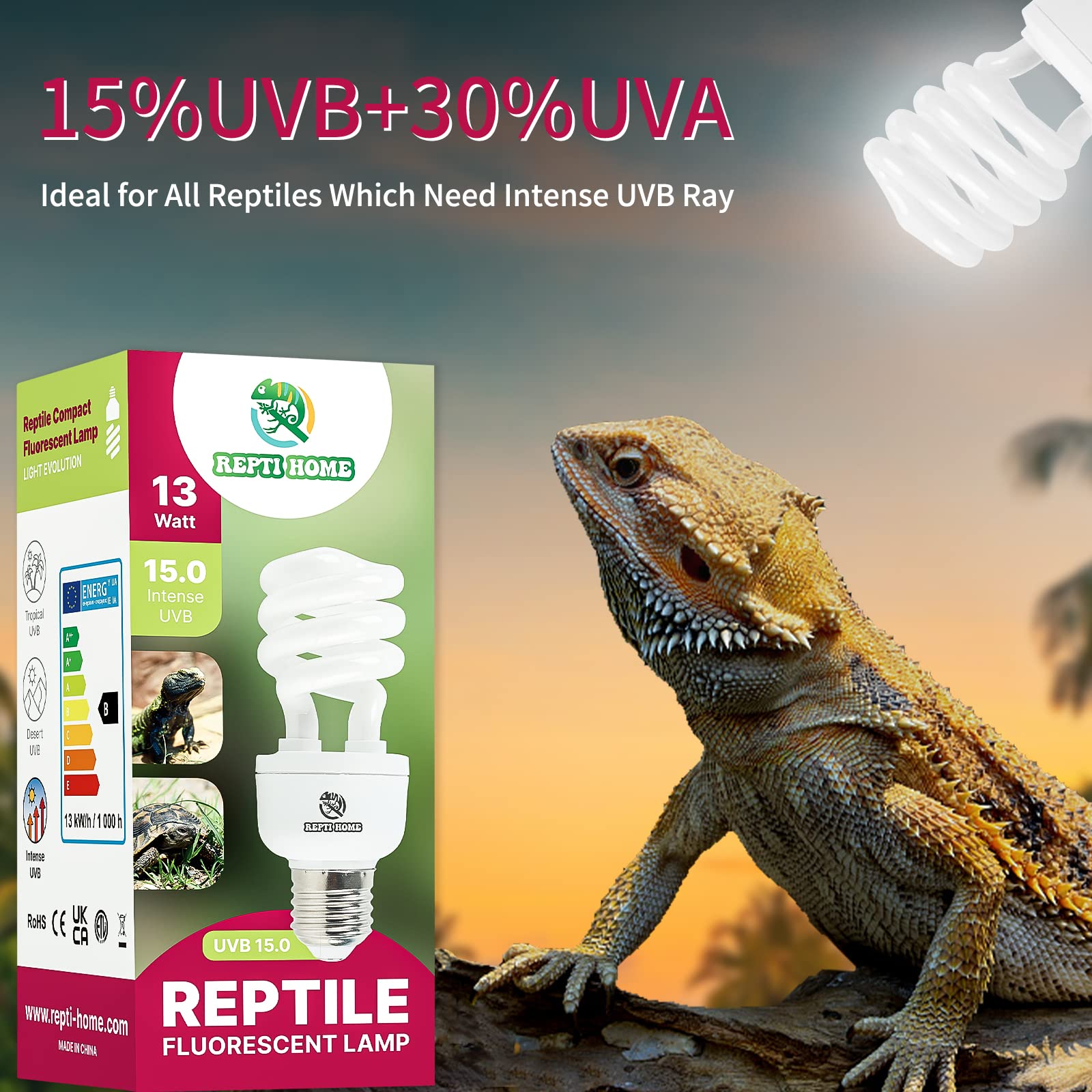 Repti Home Uvb Reptile Light 15.0, 13W Intense Uva Uvb Bulb For Reptiles, Terrarium Compact Fluorescent Lamp, Reptile Uvb Light Bulb For Desert Reptiles & Amphibians