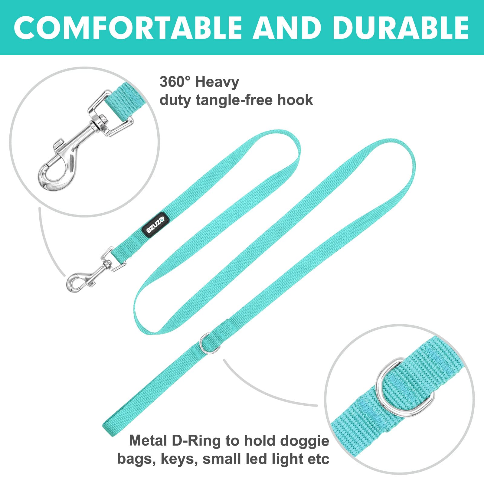 Azuza Nylon Dog Collar And Leash Set, Strong & Durable Basic Style Leash With Easy To Use Collar Hook, Available In Multiple Lengths For Large Dogs, Green,L