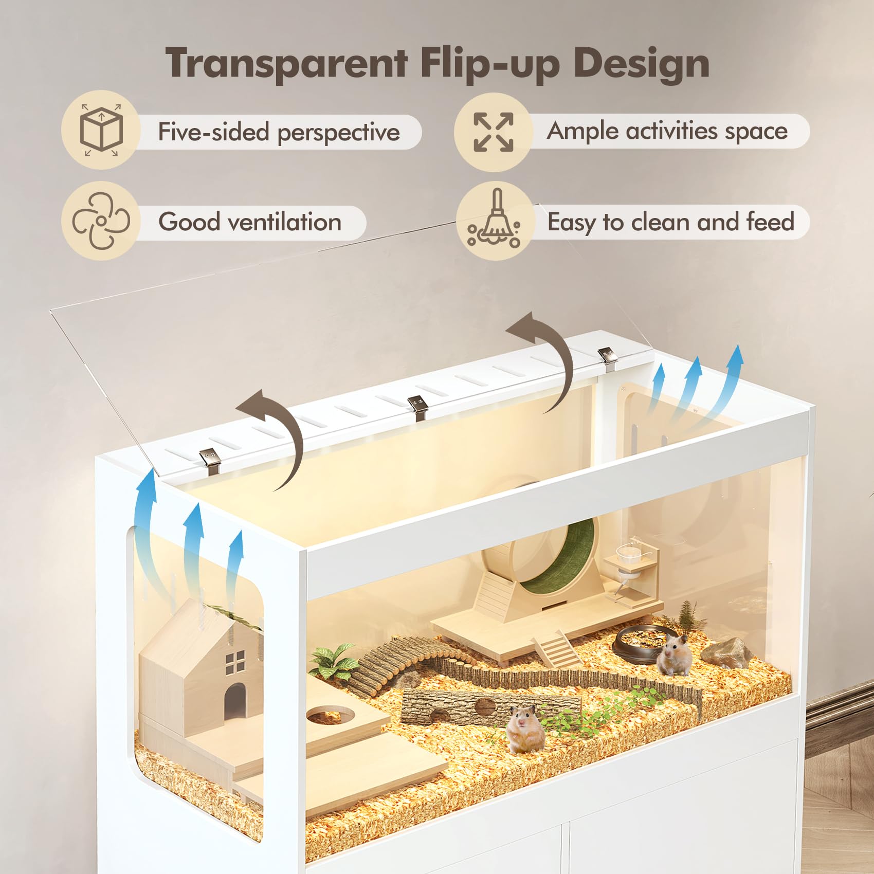 Tc-Homeny Large Hamster Cage Cabinet With Storage, Hamster Cage With Led Lights Easy 360 View Acrylic Panels, Small Animal Cage