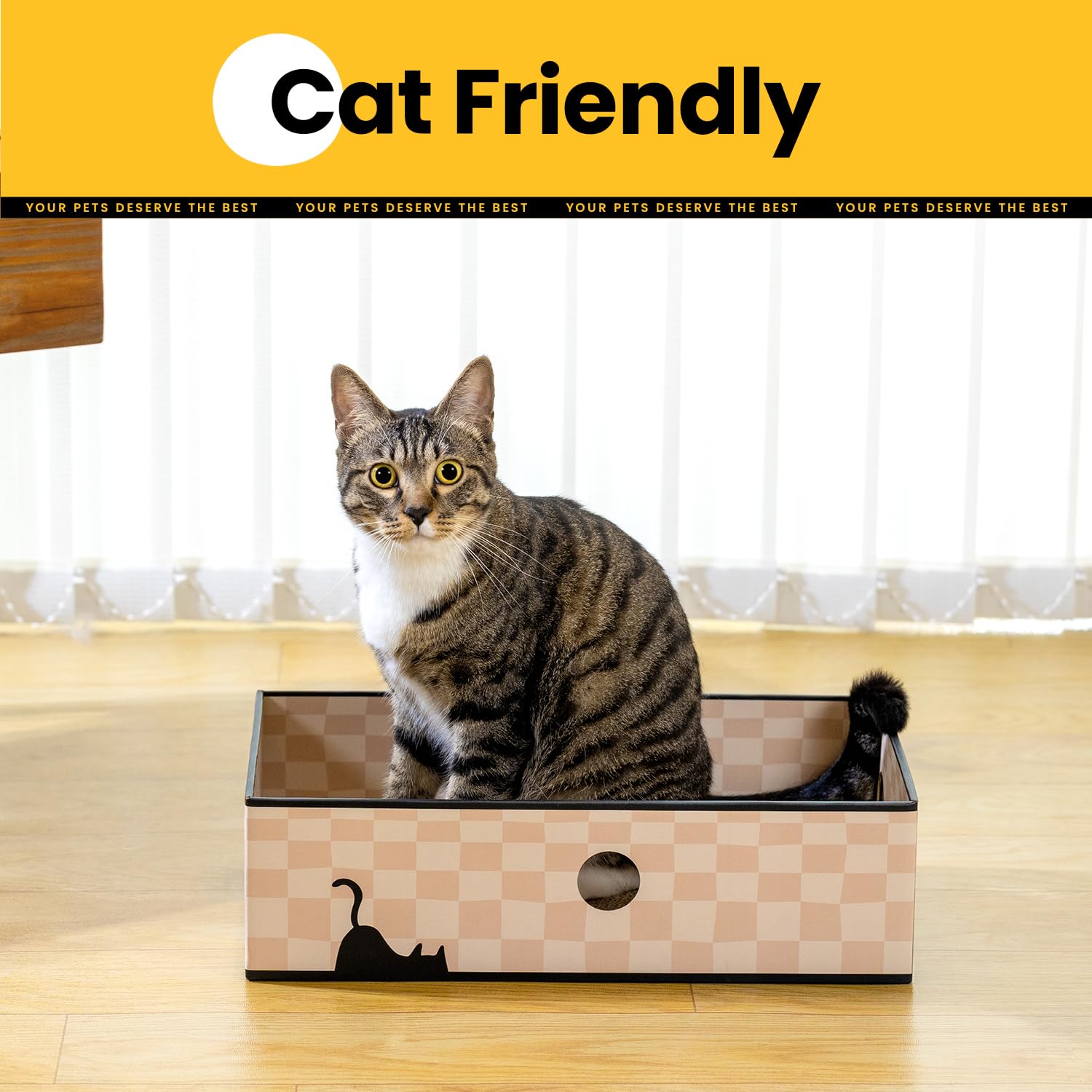 Conlun Cat Scratcher Box With 3-Layer Corrugated Board, Heavy-Duty Double-Sided Cardboard Cat Bed, Interactive Hole Design, Chec