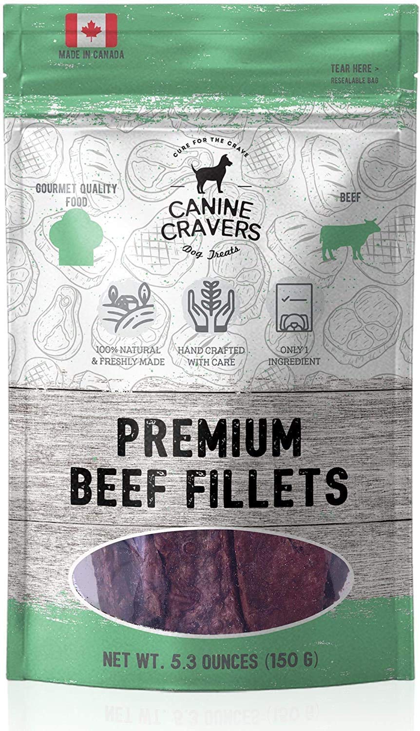 Canine Cravers Single Ingredient Dog Treats - Premium Beef Fillets - Human Grade Air Dried Hypoallergenic Pet Food - Grain, Gluten, And Soy Free - 100% All Natural - 5.3 Oz