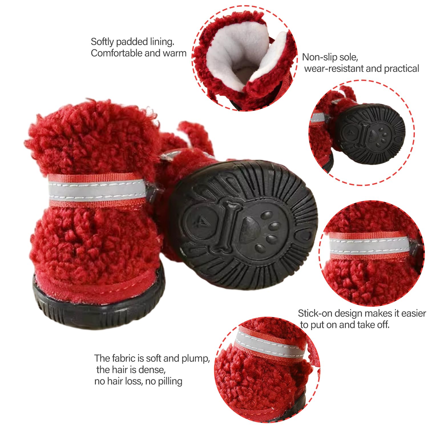 Urbest Dog Shoes Puppy Plush Warm Dog Snow Boots Reflective Strips Anti-Slip Rubber Sole Suitable For Small Medium-Sized Dog (Re