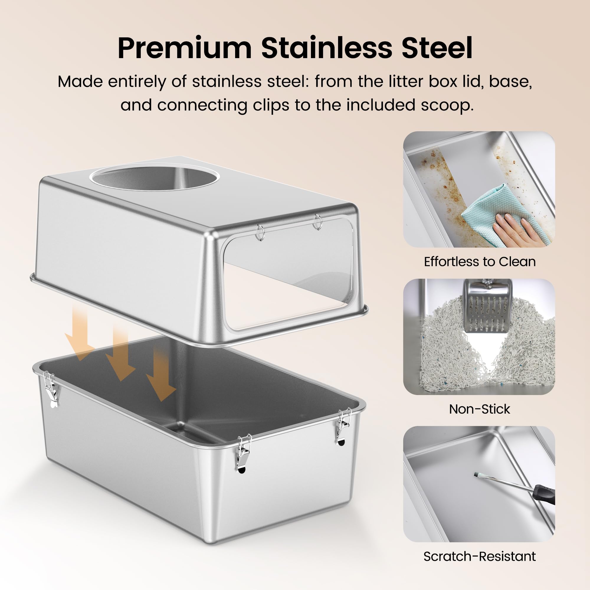 Aothey Stainless Steel Enclosed Cat Litter Box, Large XL, Silver, Odor Control, Easy to Clean, Durable with High Sides