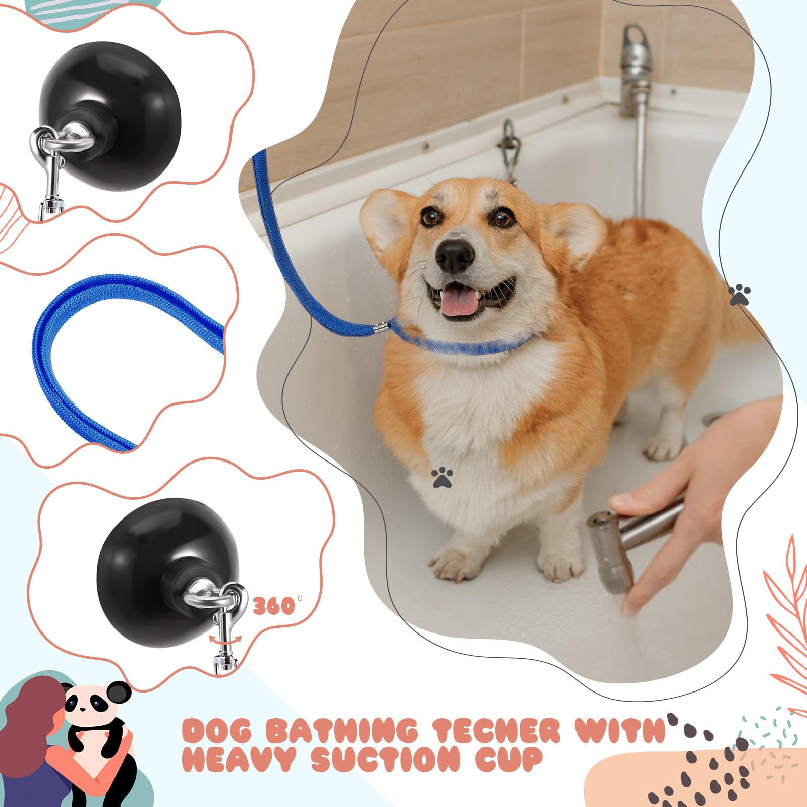 Baderke 6 Pcs Dog Grooming Set With Dog Bathing Leash With Suction Cup, Pin Comb, Straight Comb, Nail Clippers Set, And Bath Bru