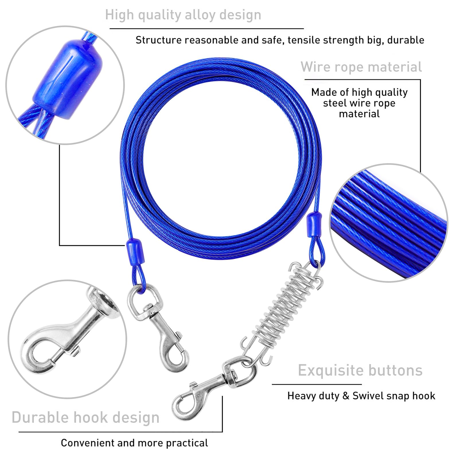 Dog Tie Out Cable And Stake,30Ft Outside Dog Run Cable Leash&Chain With Shock Spring For Camping And Yard, 16'' Heavy Duty Anti