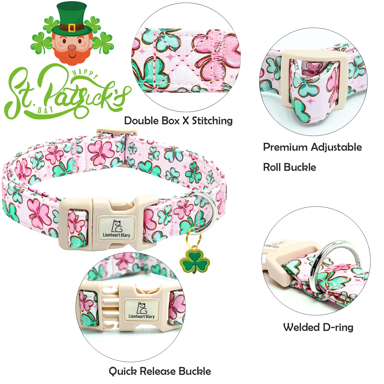 Lionheart Glory St. Patrick Dog Collar, Clover Pink Collar For Small Dogs Spring Female Dog Collars Adjustable Heavy-Duty Puppy